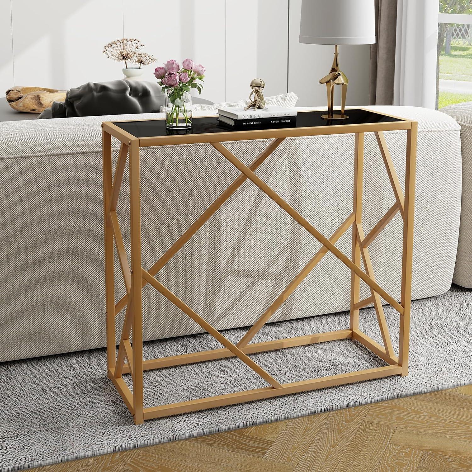 image:imageGiantex 315 Gold Entryway Console Table Narrow Sofa Side Table wMetal Frame amp Tempered Glass Top Modern Foyer Table wFoot Pads Home Long Display Table for Living Room Hallway Entry Table