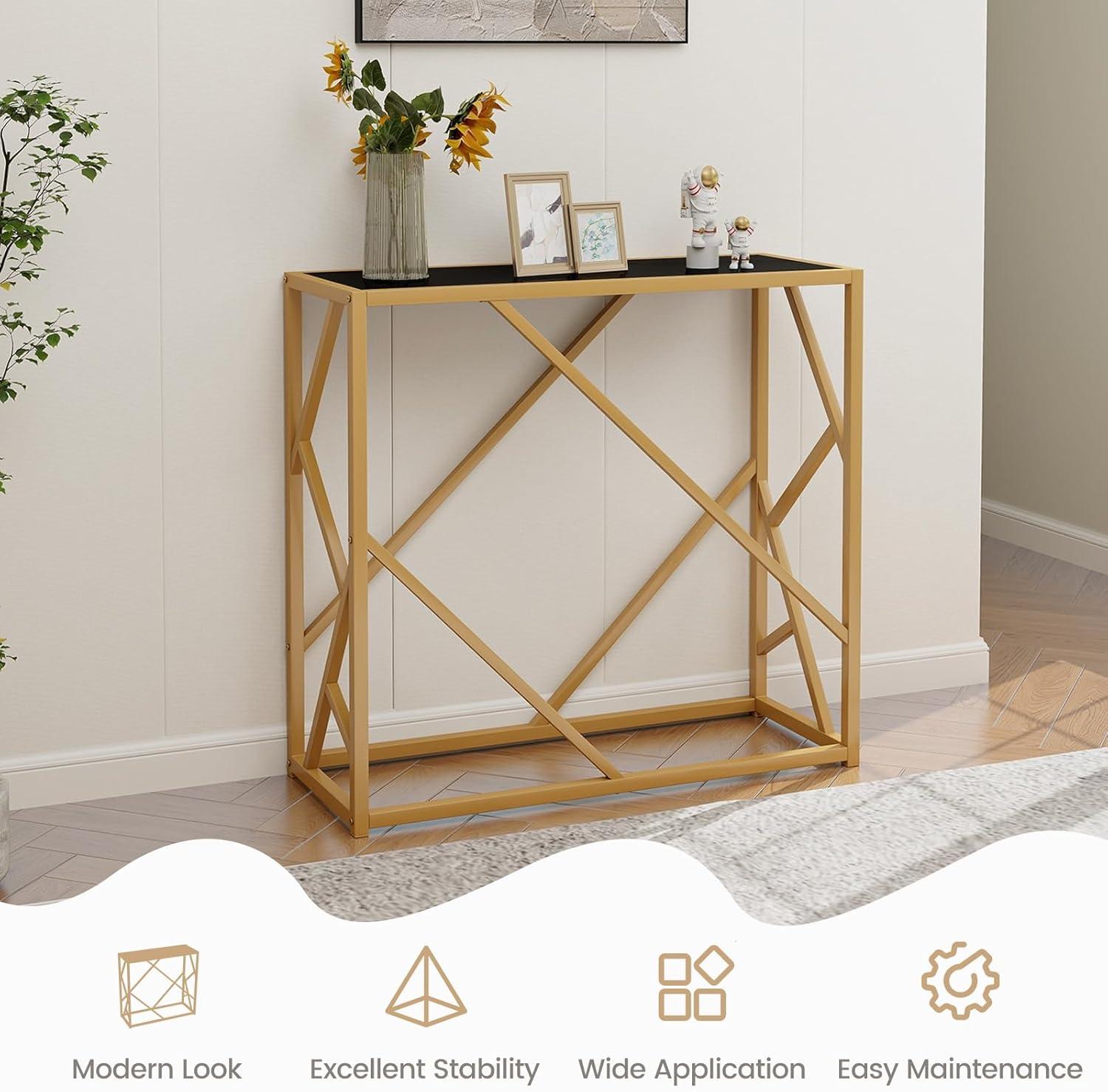 image:imageGiantex 315 Gold Entryway Console Table Narrow Sofa Side Table wMetal Frame amp Tempered Glass Top Modern Foyer Table wFoot Pads Home Long Display Table for Living Room Hallway Entry Table