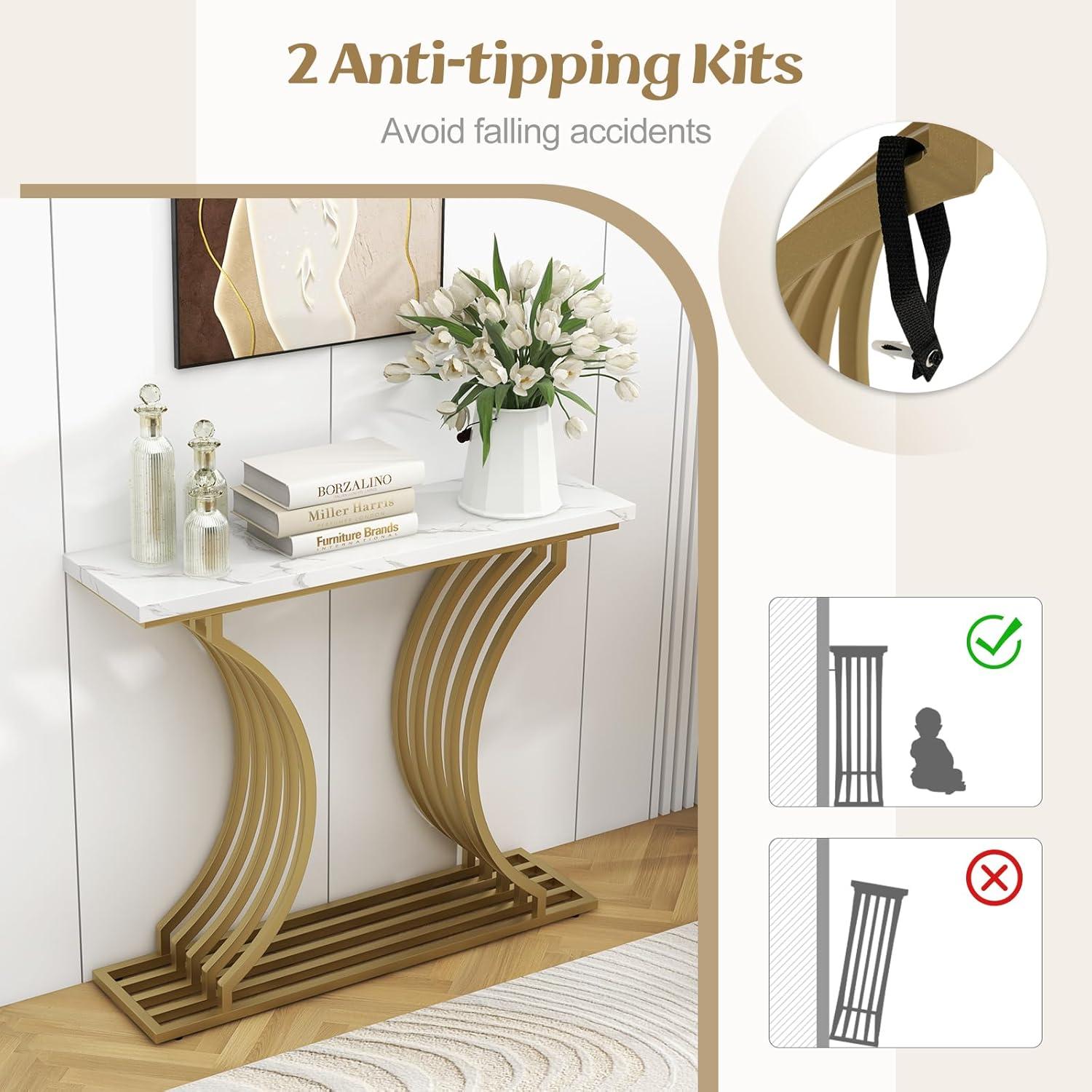 image:imageGiantex 39 Entryway Console Table Gold Narrow Console Table wWhite Faux Marble Tabletop Long Sofa Table with Geometric Metal Legs Modern Entry Table for Living Room Entrance Foyer