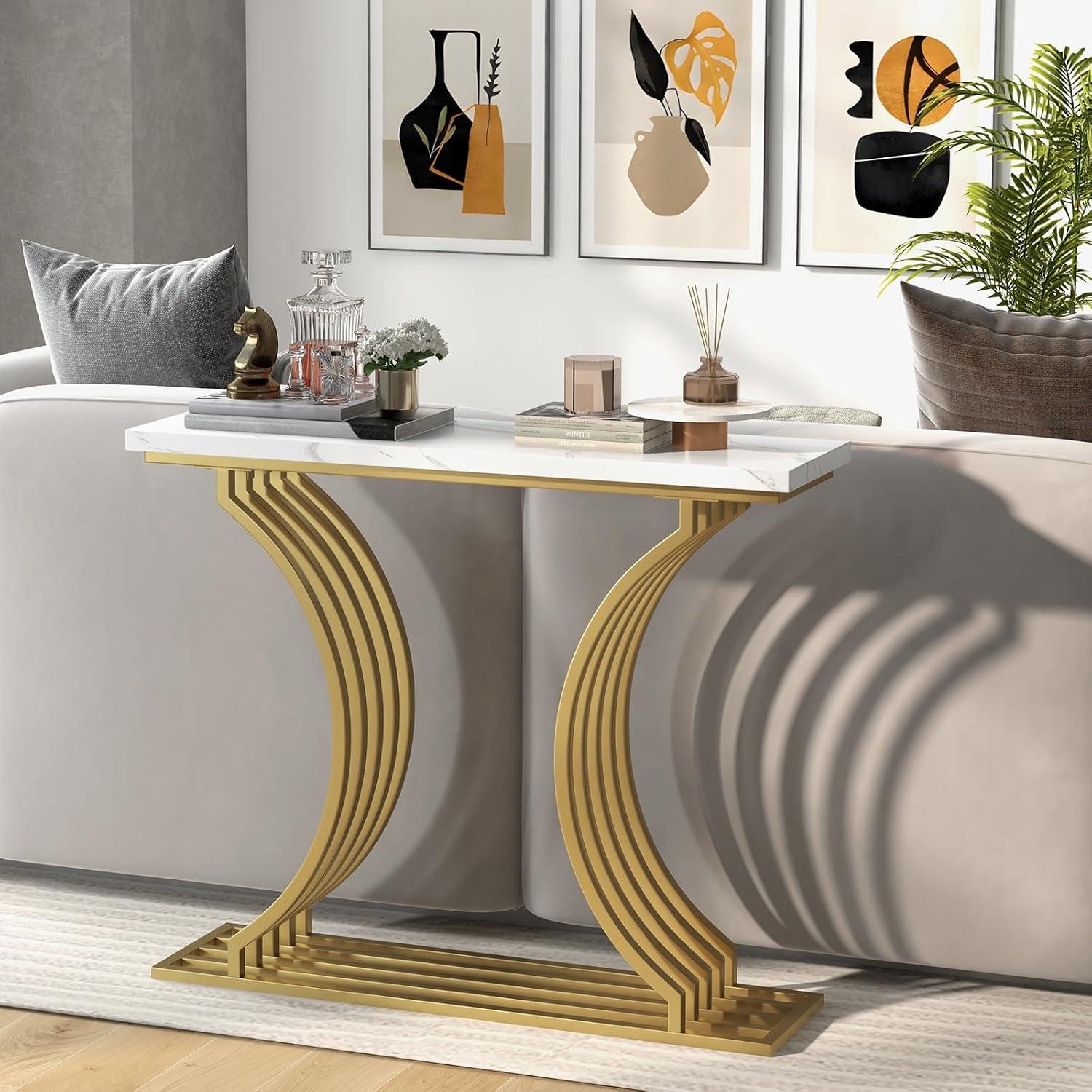 image:imageGiantex 39 Entryway Console Table Gold Narrow Console Table wWhite Faux Marble Tabletop Long Sofa Table with Geometric Metal Legs Modern Entry Table for Living Room Entrance Foyer