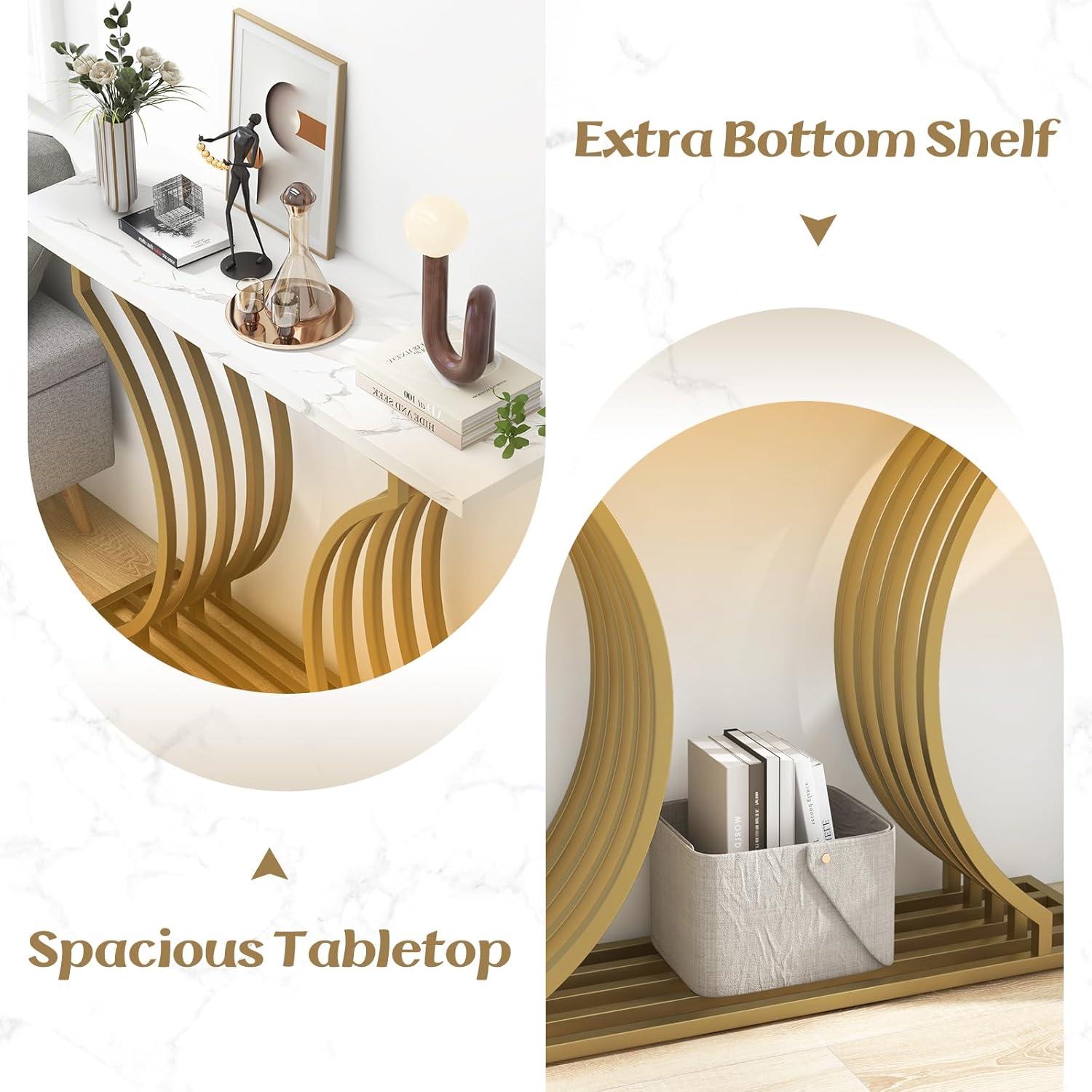 image:imageGiantex 39 Entryway Console Table Gold Narrow Console Table wWhite Faux Marble Tabletop Long Sofa Table with Geometric Metal Legs Modern Entry Table for Living Room Entrance Foyer