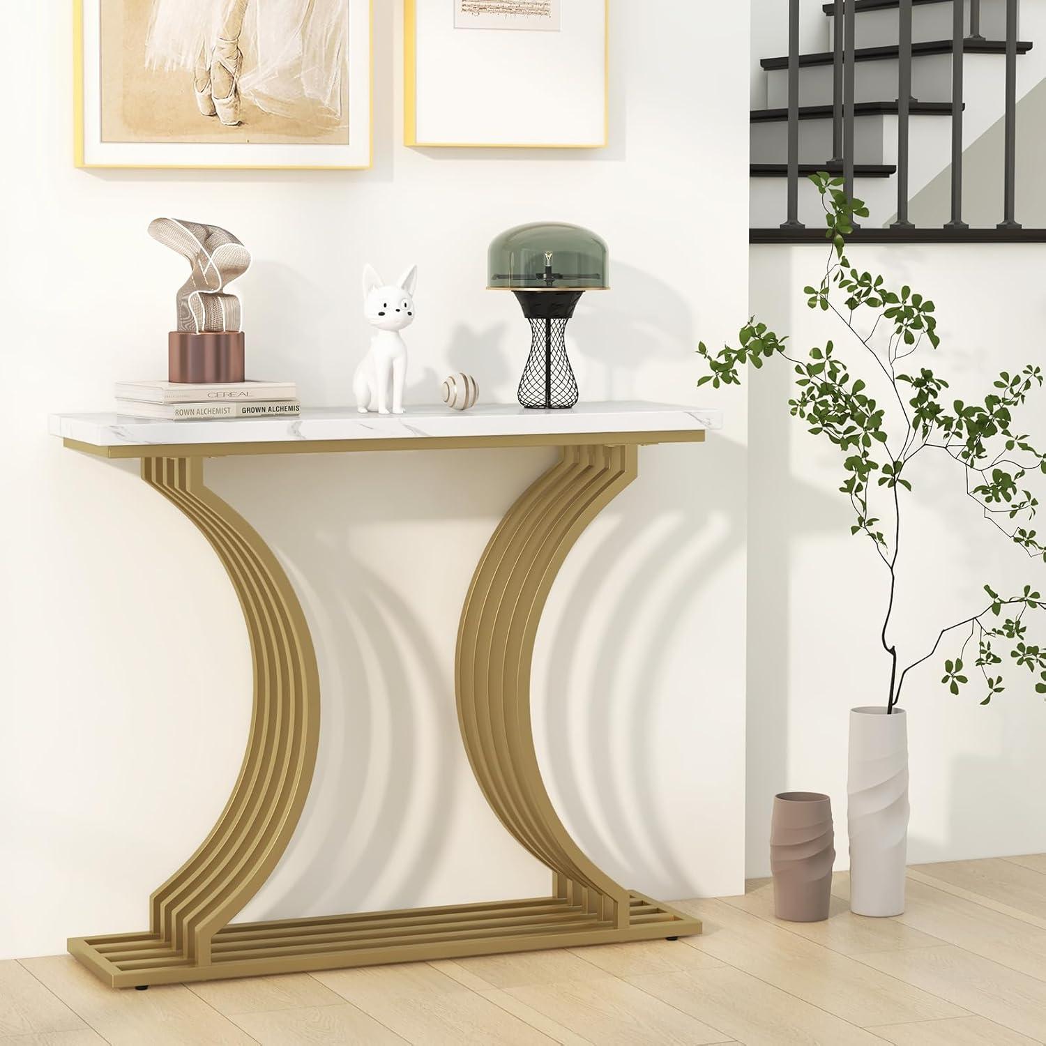 image:imageGiantex 39 Entryway Console Table Gold Narrow Console Table wWhite Faux Marble Tabletop Long Sofa Table with Geometric Metal Legs Modern Entry Table for Living Room Entrance Foyer