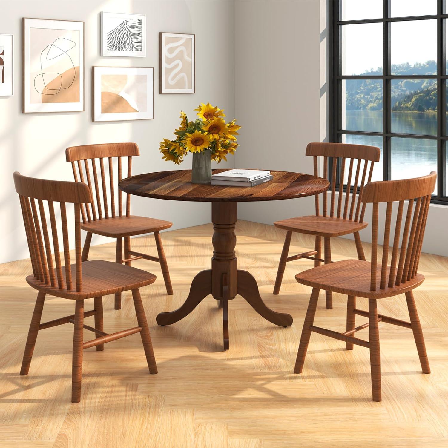 image:imageGiantex 39Inches Round Rubber Wood Dining Table for 4 with Legs 220 Lbs Capacity Kitchen Table for Dining Room Living Room Restaurant Dinner Dinette WalnutWalnut
