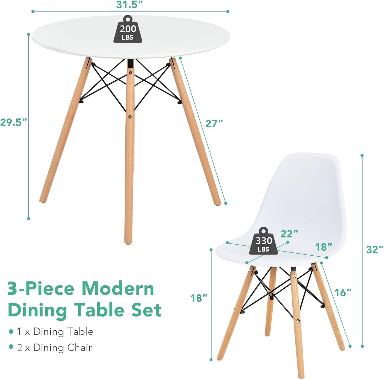 image:imageGiantex 3Piece Dining Table Set Modern Round 315 D Dining Table amp 2 DSW Chairs WSolid Wood Legs Home Furniture Set for Small Spaces Dining Room Kitchen Restaurant White