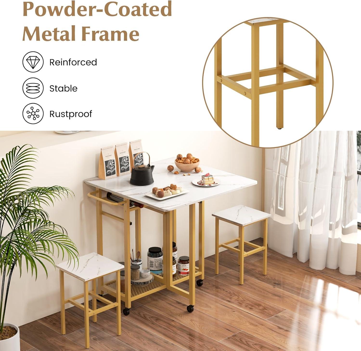 image:imageGiantex 3Piece Foldable Dining Table Set Extendable Dining Table amp 2 Stools Set w 6Bottle Wine Rack Shelves amp Side Pushing Handle SpaceSaving Dining Room Kitchen Table Set for Small Space