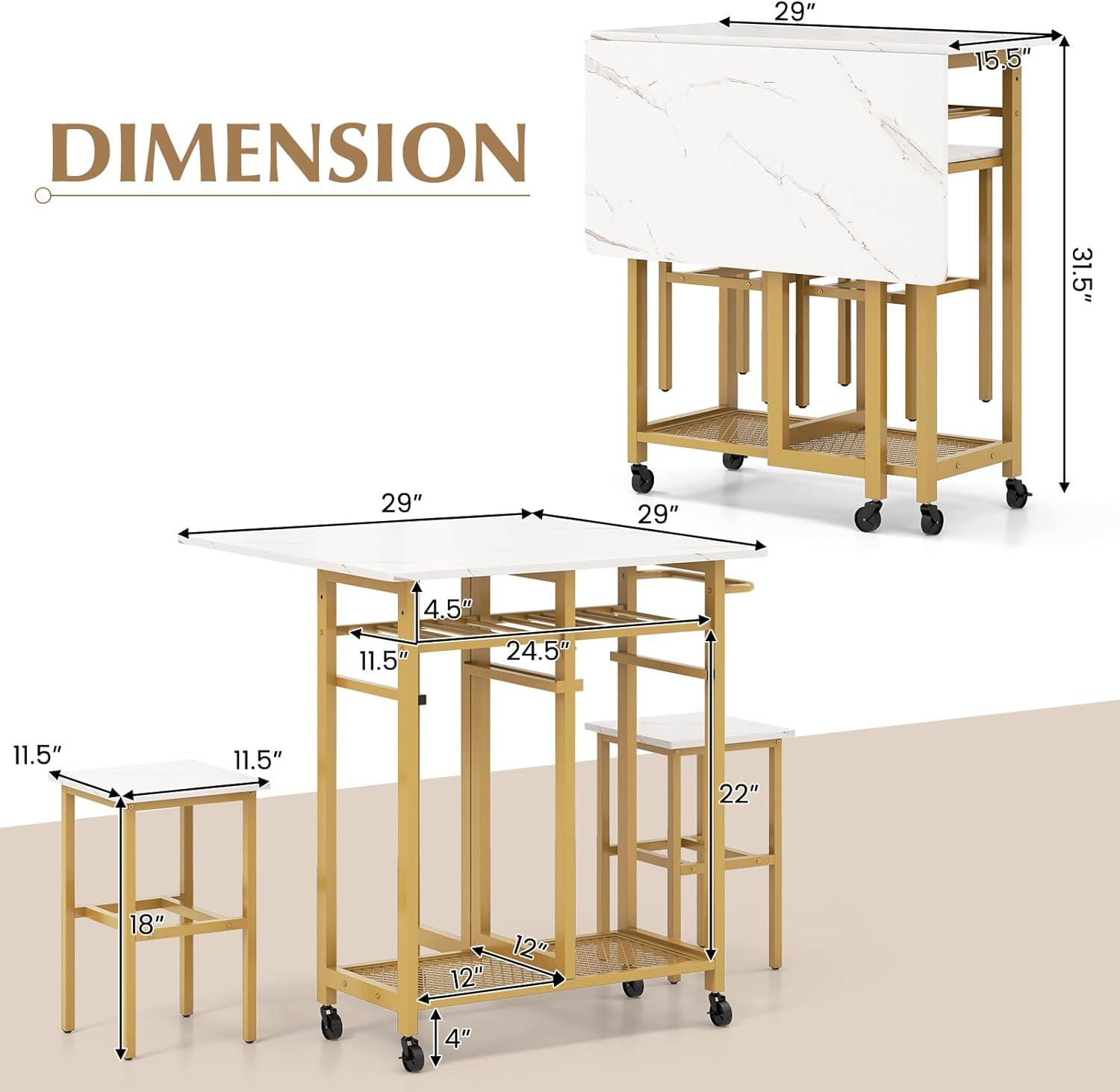 image:imageGiantex 3Piece Foldable Dining Table Set Extendable Dining Table amp 2 Stools Set w 6Bottle Wine Rack Shelves amp Side Pushing Handle SpaceSaving Dining Room Kitchen Table Set for Small Space
