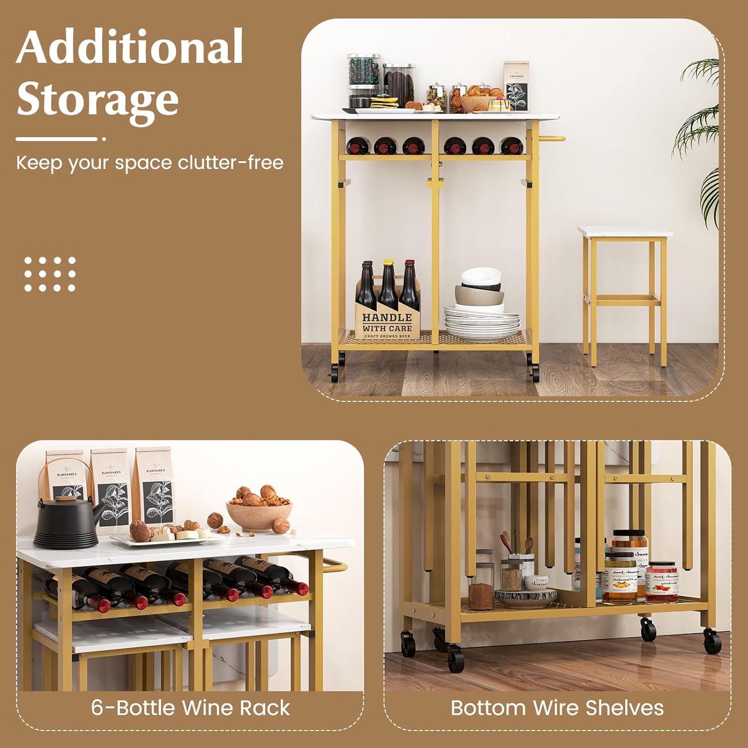 image:imageGiantex 3Piece Foldable Dining Table Set Extendable Dining Table amp 2 Stools Set w 6Bottle Wine Rack Shelves amp Side Pushing Handle SpaceSaving Dining Room Kitchen Table Set for Small Space
