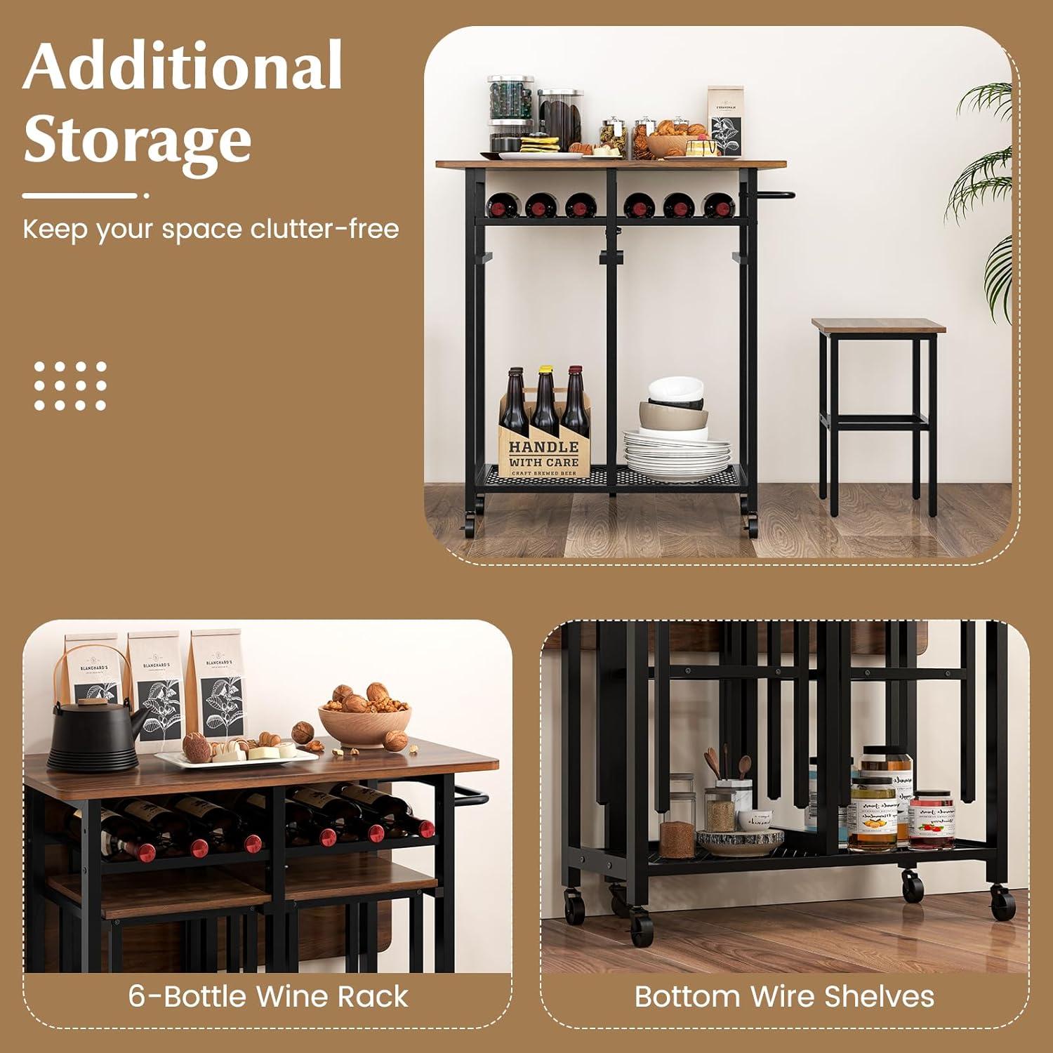 image:imageGiantex 3Piece Foldable Dining Table Set Extendable Dining Table amp 2 Stools Set w 6Bottle Wine Rack Shelves amp Side Pushing Handle SpaceSaving Kitchen Table Set for Small Space Dining Room