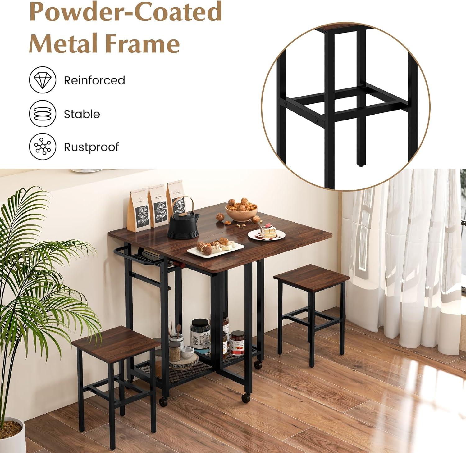 image:imageGiantex 3Piece Foldable Dining Table Set Extendable Dining Table amp 2 Stools Set w 6Bottle Wine Rack Shelves amp Side Pushing Handle SpaceSaving Kitchen Table Set for Small Space Dining Room