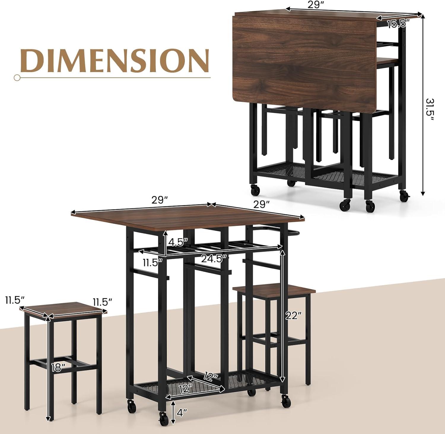 image:imageGiantex 3Piece Foldable Dining Table Set Extendable Dining Table amp 2 Stools Set w 6Bottle Wine Rack Shelves amp Side Pushing Handle SpaceSaving Kitchen Table Set for Small Space Dining Room