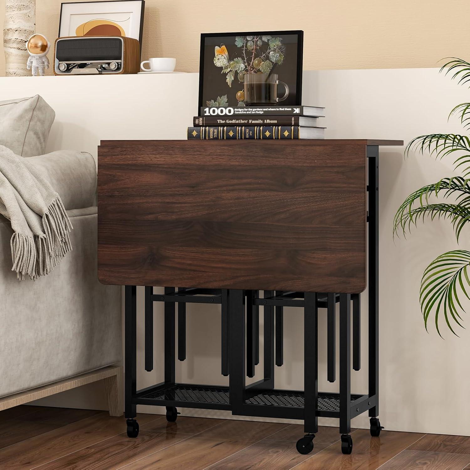 image:imageGiantex 3Piece Foldable Dining Table Set Extendable Dining Table amp 2 Stools Set w 6Bottle Wine Rack Shelves amp Side Pushing Handle SpaceSaving Kitchen Table Set for Small Space Dining Room