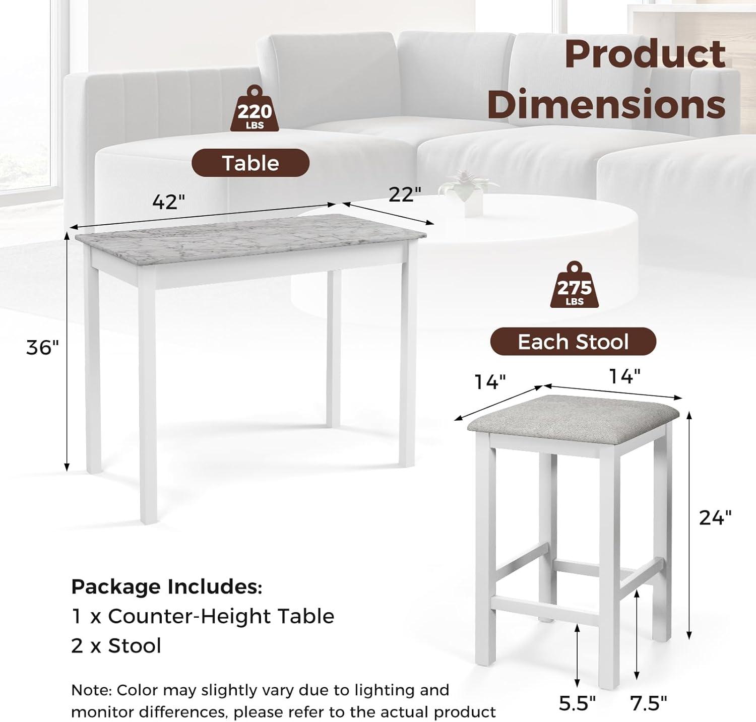 image:imageGiantex 3Pieces Dining Table Set for 2 Counter Height Table with 2 Bar Stools Wood Legs Dinette Set for Small Space Breakfast Nook Kitchen Dinner WhiteGreyWhiteGrey