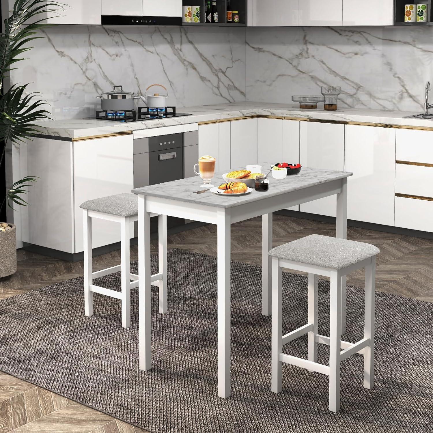 image:imageGiantex 3Pieces Dining Table Set for 2 Counter Height Table with 2 Bar Stools Wood Legs Dinette Set for Small Space Breakfast Nook Kitchen Dinner WhiteGreyWhiteGrey