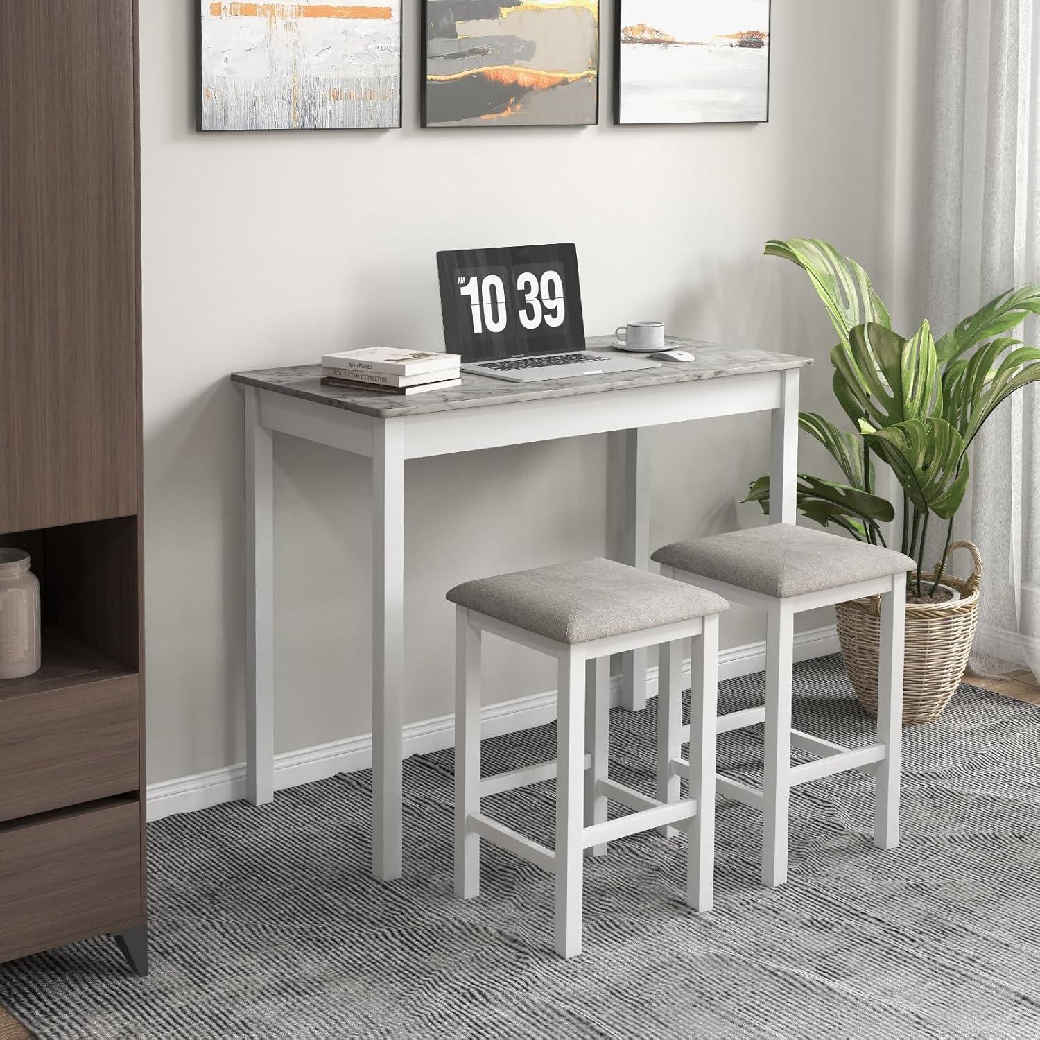 image:imageGiantex 3Pieces Dining Table Set for 2 Counter Height Table with 2 Bar Stools Wood Legs Dinette Set for Small Space Breakfast Nook Kitchen Dinner WhiteGreyWhiteGrey