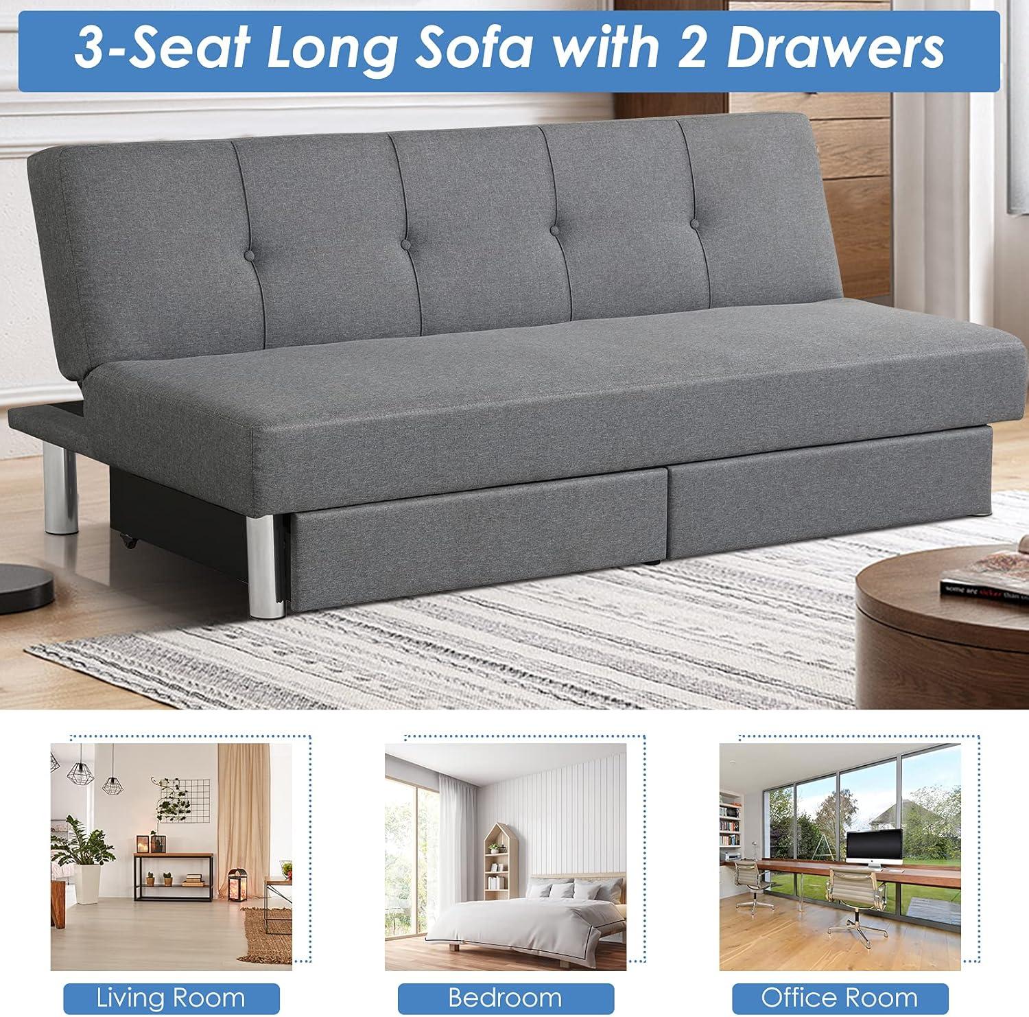 image:imageGiantex 3Seat Convertible Sofa Bed Long Sofa Couch w 2 Large Drawers Ergonomic Sleeper w 3 Adjustable Angles Heavy Duty Sofa Bed for Living Room Bedroom Study Room amp Office