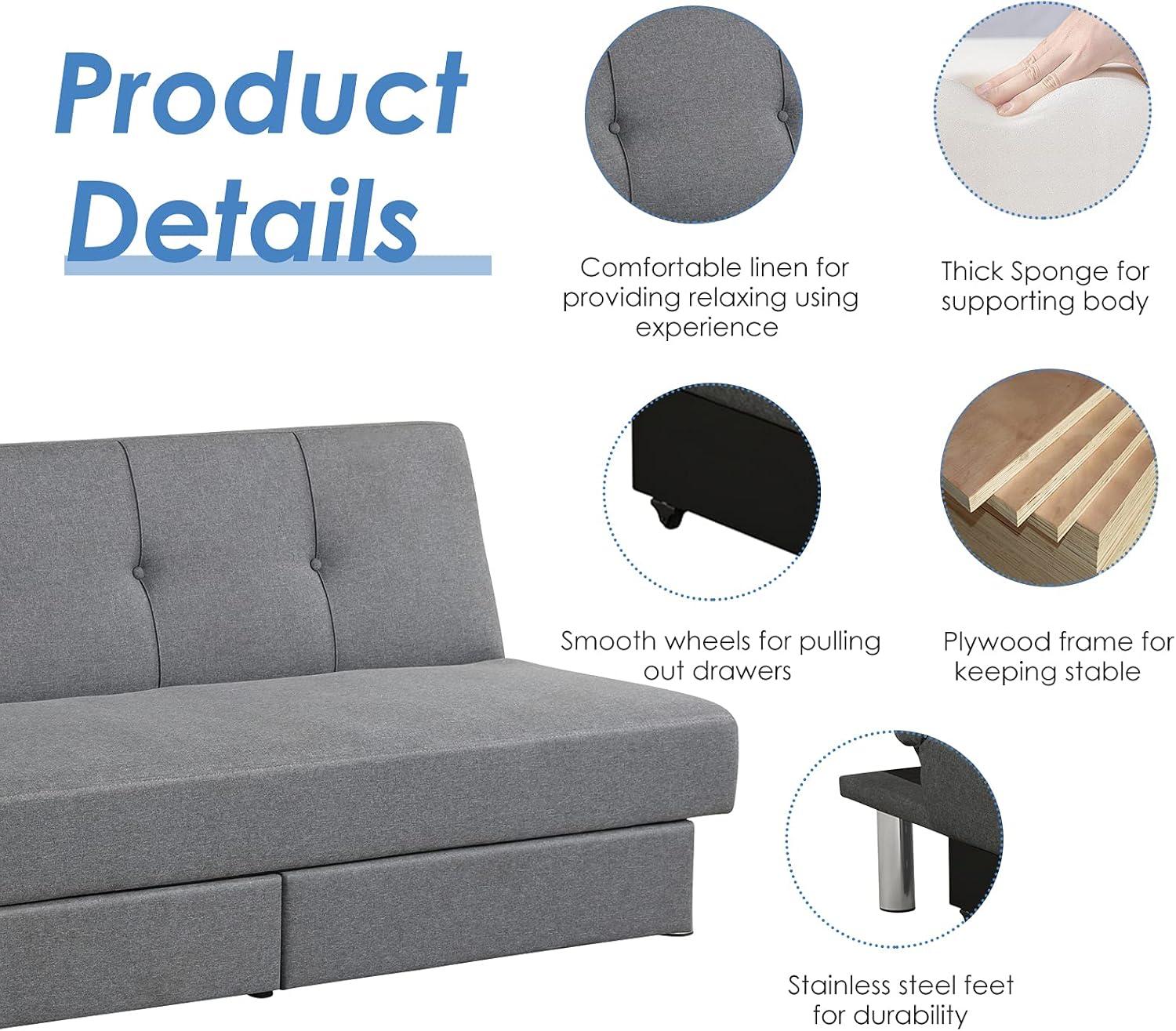 image:imageGiantex 3Seat Convertible Sofa Bed Long Sofa Couch w 2 Large Drawers Ergonomic Sleeper w 3 Adjustable Angles Heavy Duty Sofa Bed for Living Room Bedroom Study Room amp Office