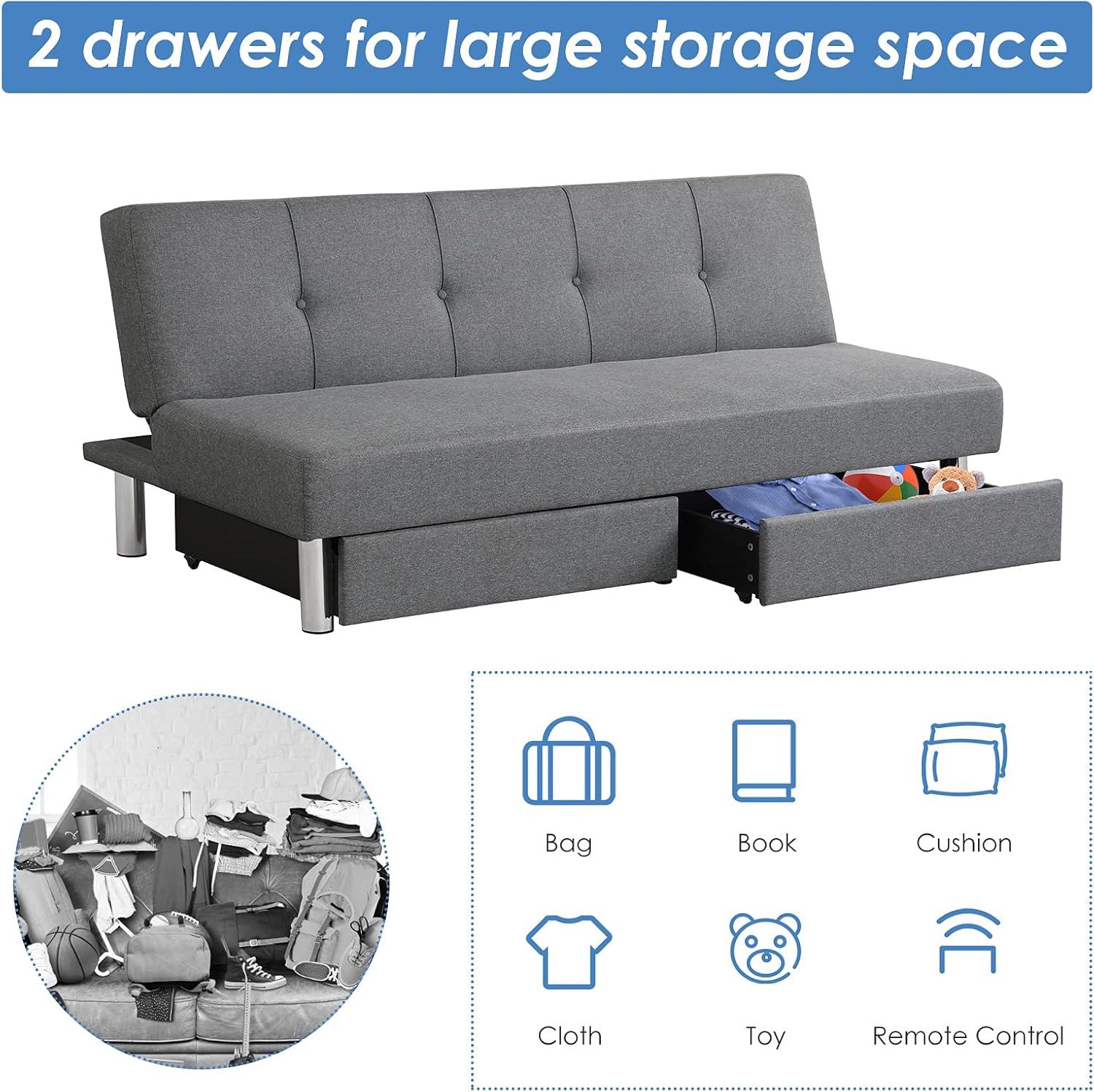 image:imageGiantex 3Seat Convertible Sofa Bed Long Sofa Couch w 2 Large Drawers Ergonomic Sleeper w 3 Adjustable Angles Heavy Duty Sofa Bed for Living Room Bedroom Study Room amp Office