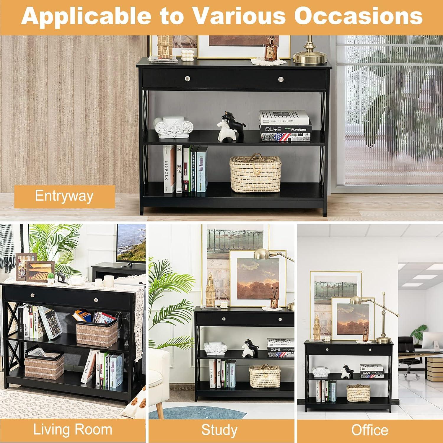 image:imageGiantex 3Tier Console Table with Drawers Narrow Entryway Table wStorage Shelves XDesign Sofa Side Tables for Hallway Modern Entry Tables for Foyer Living Room Bedroom BlackBlack