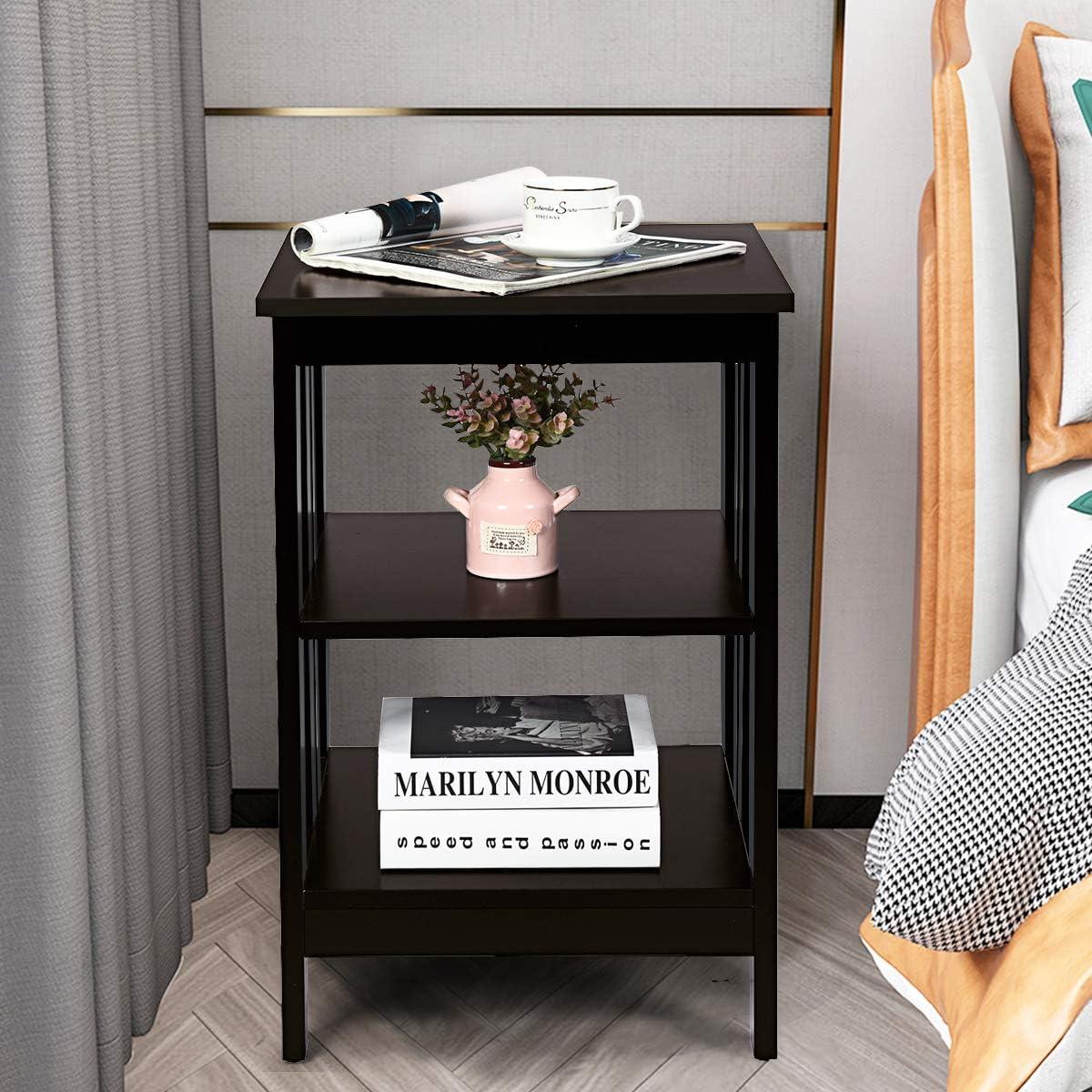 image:imageGiantex 3Tier Nightstand Modern Side Table with Storage Shelves and Reinforced Bars Versatile Bedside Tables Wooden End Table Night Stand for Bedroom Living Room Easy Assembly BlackEspresso