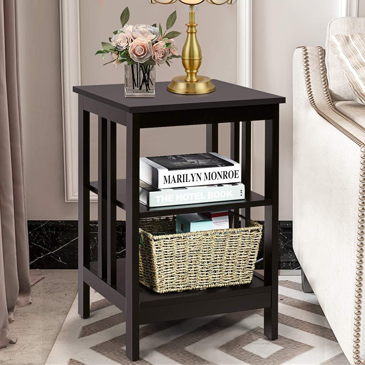 image:imageGiantex 3Tier Nightstand Modern Side Table with Storage Shelves and Reinforced Bars Versatile Bedside Tables Wooden End Table Night Stand for Bedroom Living Room Easy Assembly BlackEspresso