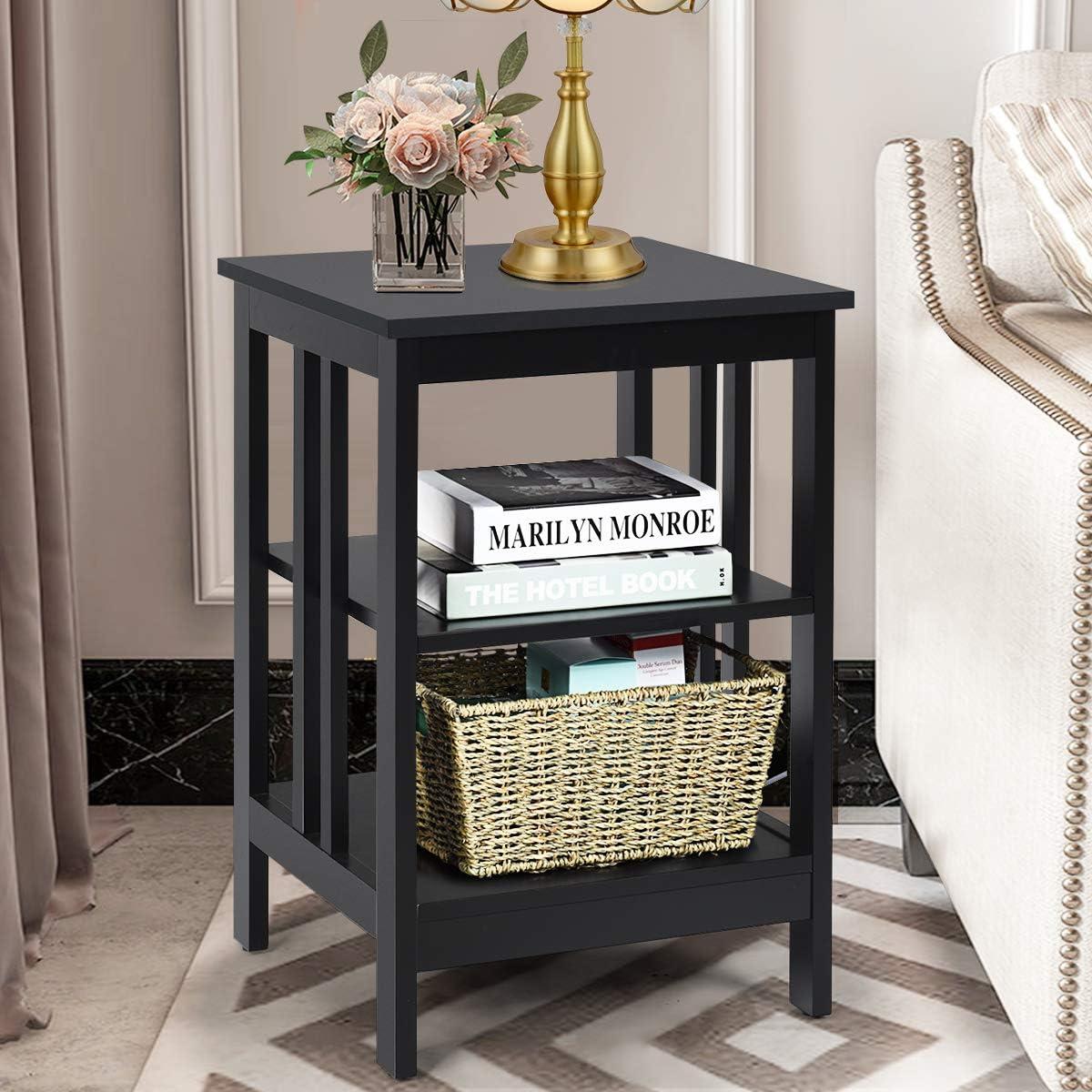 image:imageGiantex 3Tier Nightstand Modern Side Table with Storage Shelves and Reinforced Bars Versatile Bedside Tables Wooden End Table Night Stand for Bedroom Living Room Easy Assembly BlackBlack