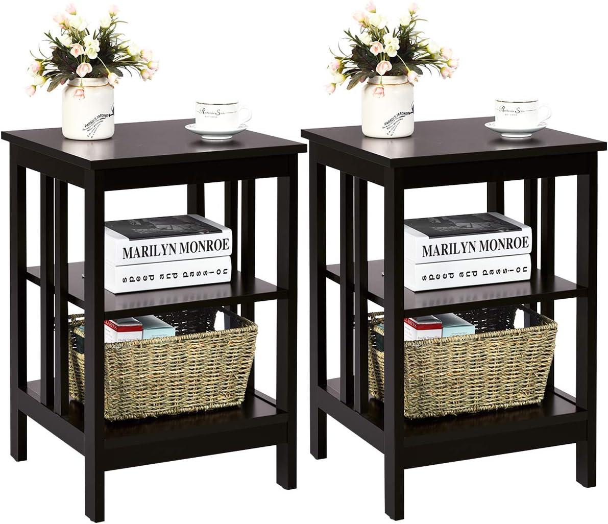 image:imageGiantex 3Tier Nightstand Modern Side Table with Storage Shelves and Reinforced Bars Versatile Bedside Tables Wooden End Table Night Stand for Bedroom Living Room Easy Assembly BlackEspresso