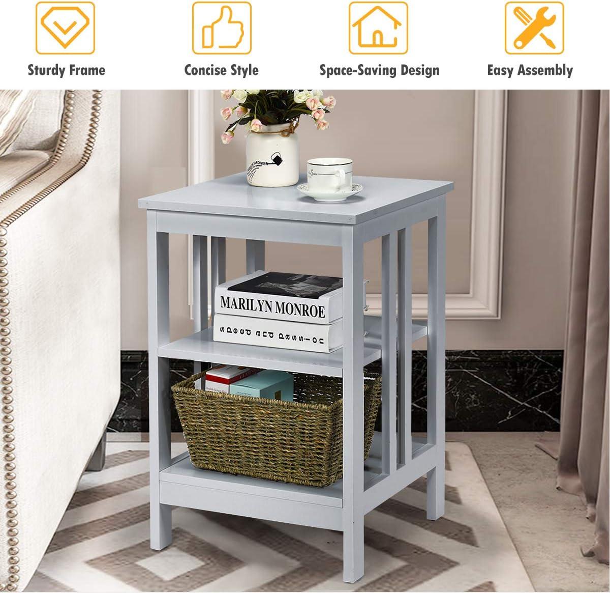 image:imageGiantex 3Tier Nightstand Modern Side Table with Storage Shelves and Reinforced Bars Versatile Bedside Tables Wooden End Table Night Stand for Bedroom Living Room Easy Assembly BlackGrey