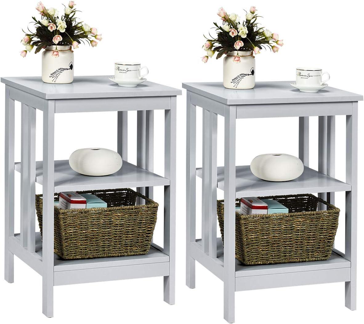 image:imageGiantex 3Tier Nightstand Modern Side Table with Storage Shelves and Reinforced Bars Versatile Bedside Tables Wooden End Table Night Stand for Bedroom Living Room Easy Assembly BlackGrey