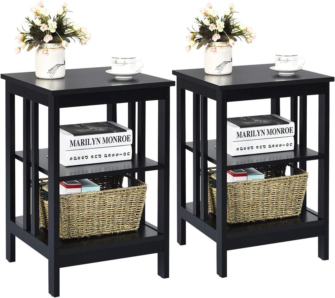 image:imageGiantex 3Tier Nightstand Modern Side Table with Storage Shelves and Reinforced Bars Versatile Bedside Tables Wooden End Table Night Stand for Bedroom Living Room Easy Assembly BlackBlack