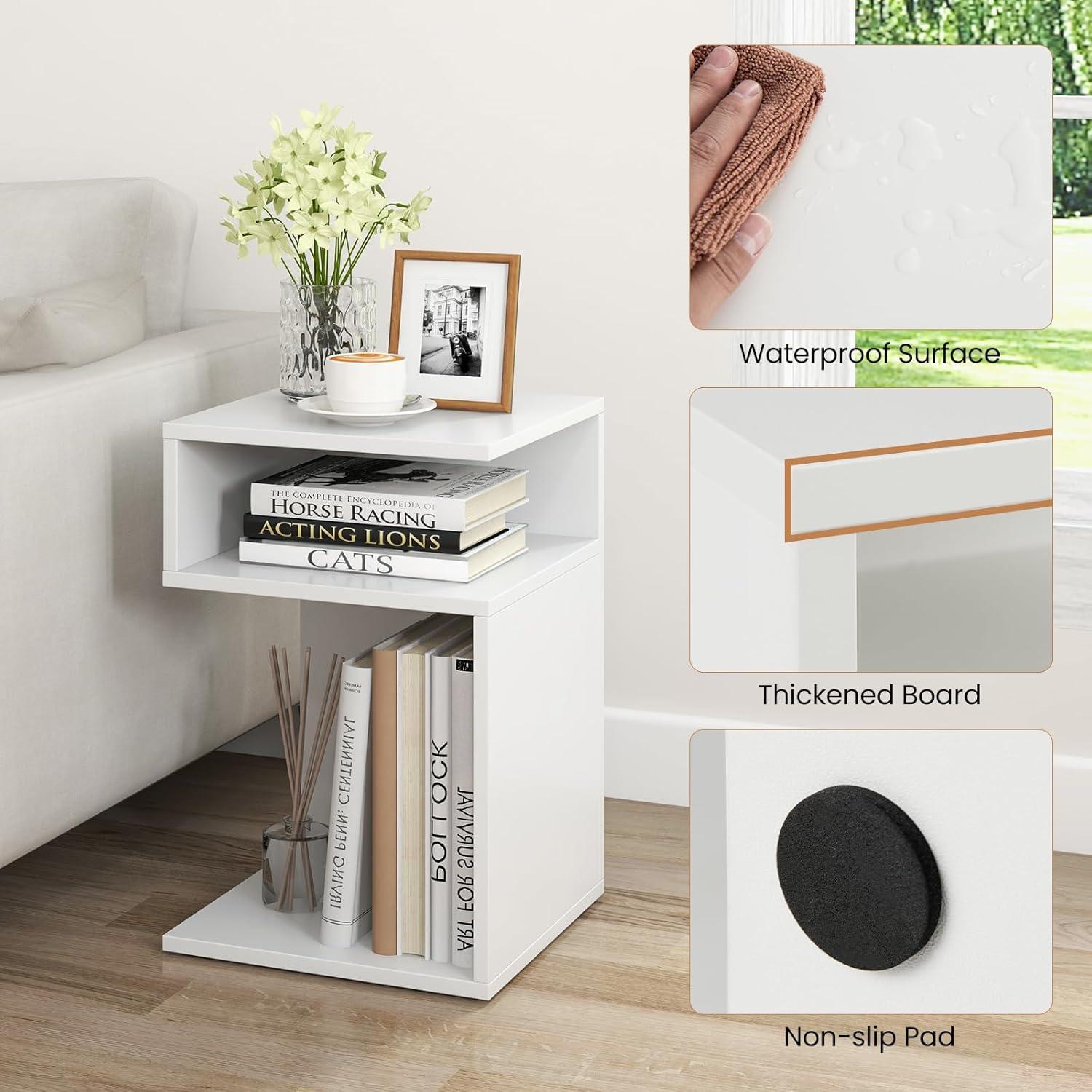 image:imageGiantex 3Tier Side Table SShaped End Table with 2 Open Storage Compartments Wood Narrow Bedside Table Modern Nightstand for Bedroom Living Room Small Spaces Easy Assembly White1