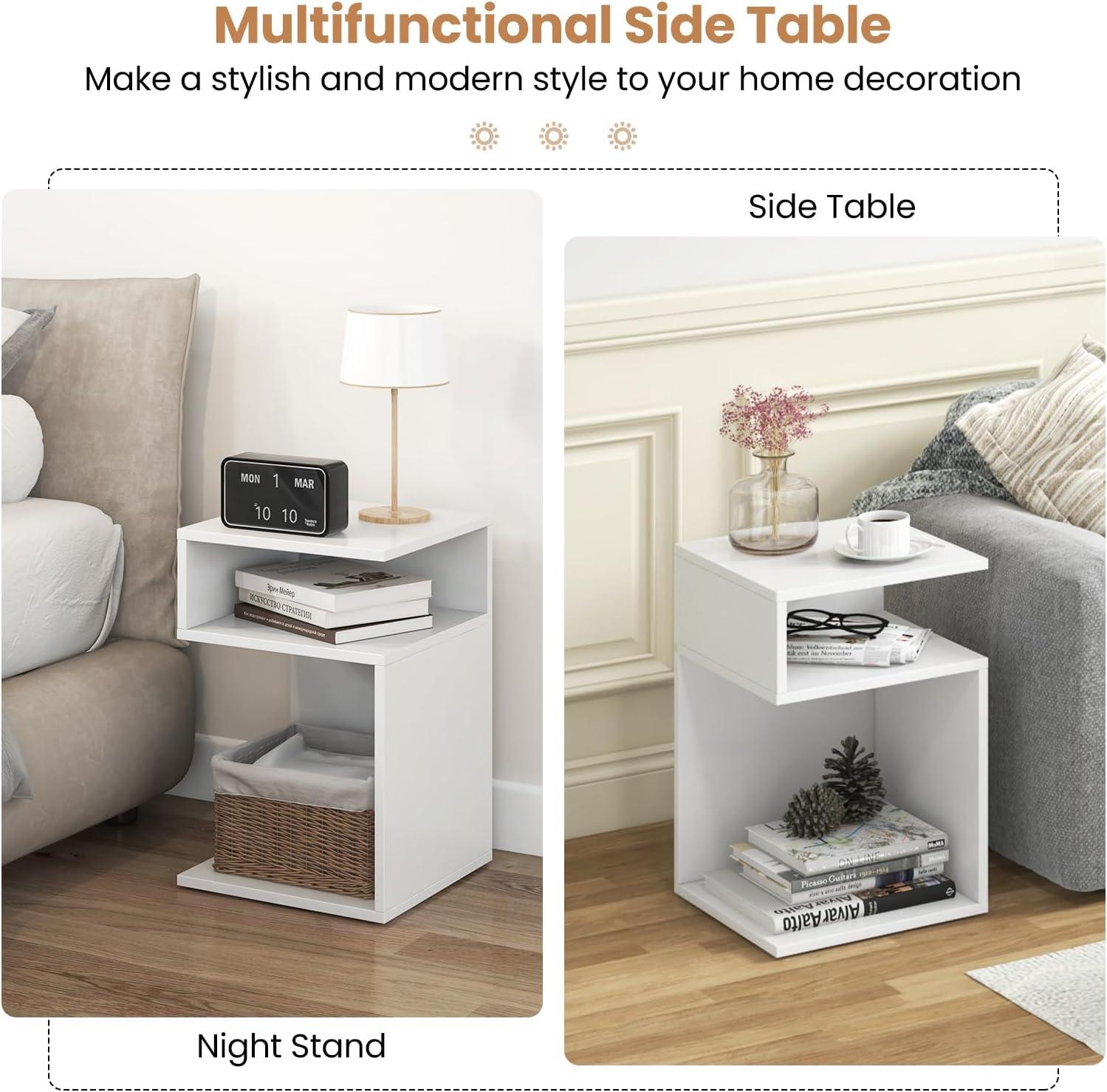 image:imageGiantex 3Tier Side Table SShaped End Table with 2 Open Storage Compartments Wood Narrow Bedside Table Modern Nightstand for Bedroom Living Room Small Spaces Easy Assembly White1