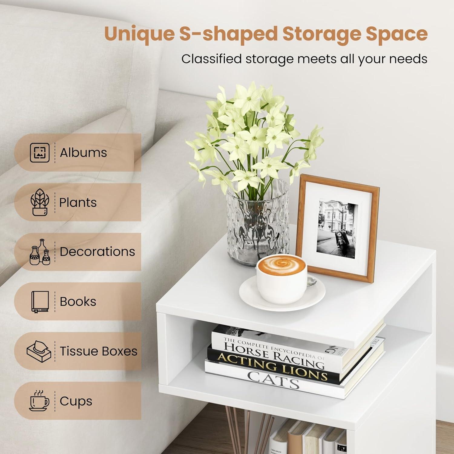 image:imageGiantex 3Tier Side Table SShaped End Table with 2 Open Storage Compartments Wood Narrow Bedside Table Modern Nightstand for Bedroom Living Room Small Spaces Easy Assembly White1