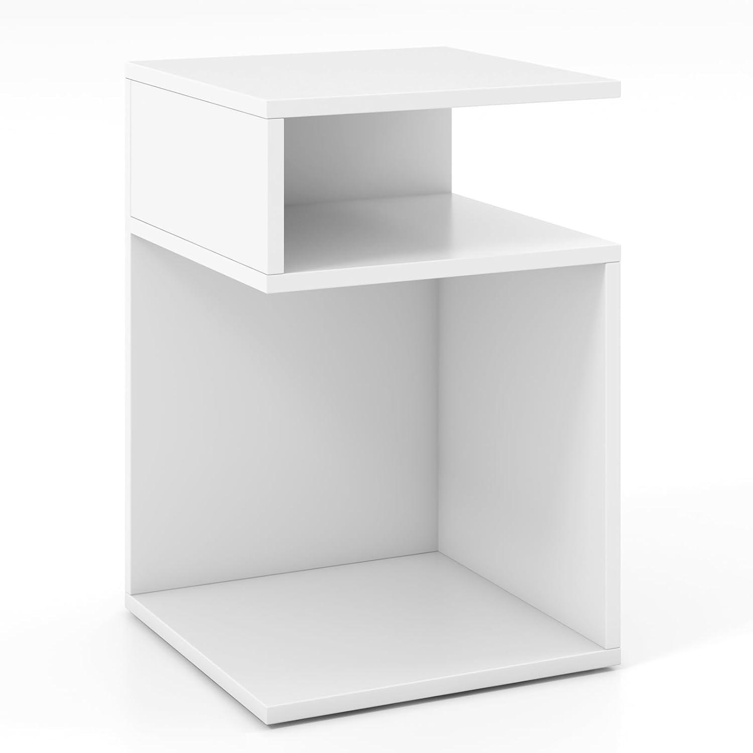 image:imageGiantex 3Tier Side Table SShaped End Table with 2 Open Storage Compartments Wood Narrow Bedside Table Modern Nightstand for Bedroom Living Room Small Spaces Easy Assembly White1