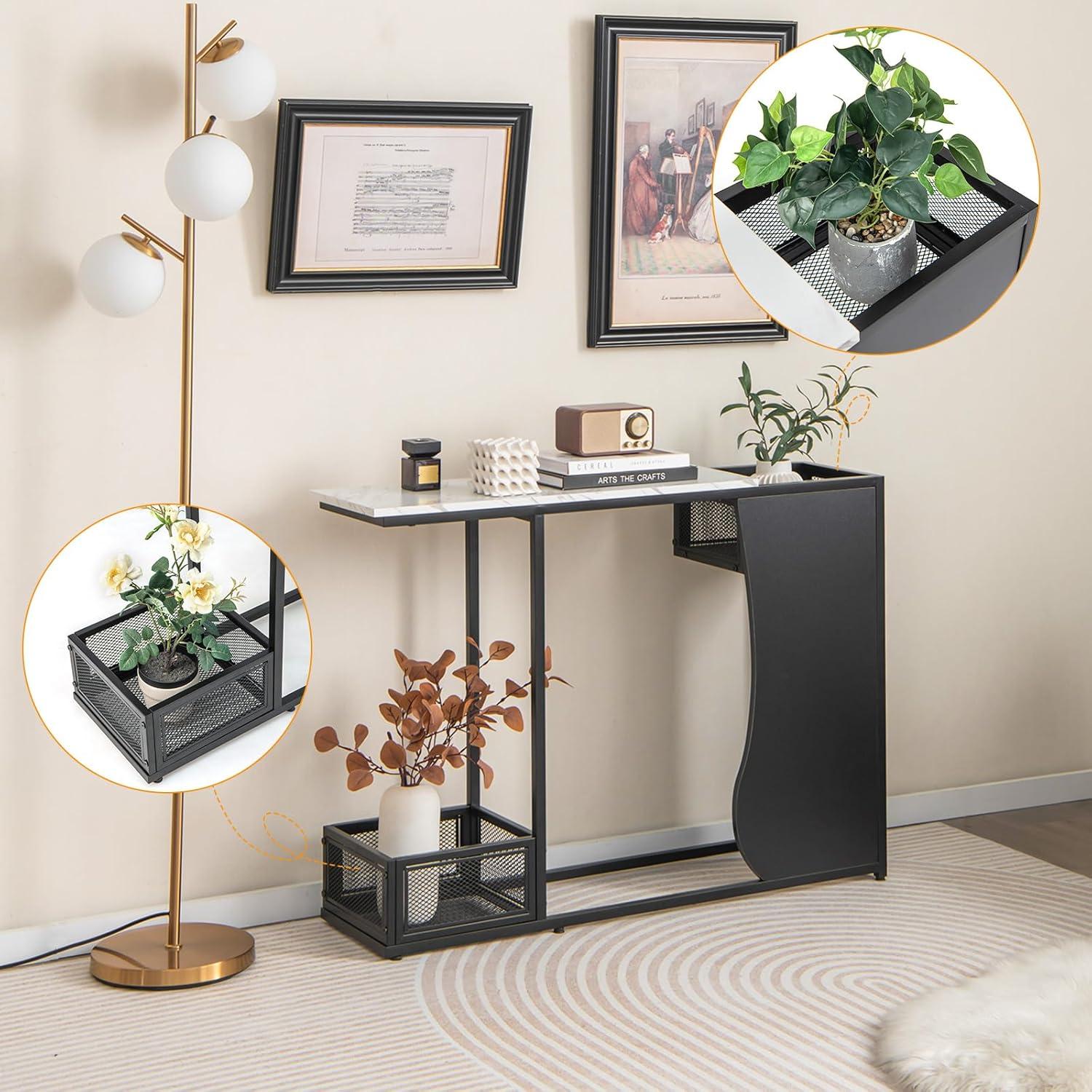 image:imageGiantex 435 Console Table for Entryway Modern Entry Table with Faux Marble Top 2 Mesh Storage Compartments Metal Frame Foyer Table Narrow Sofa Table for Living Room Hallway White Black