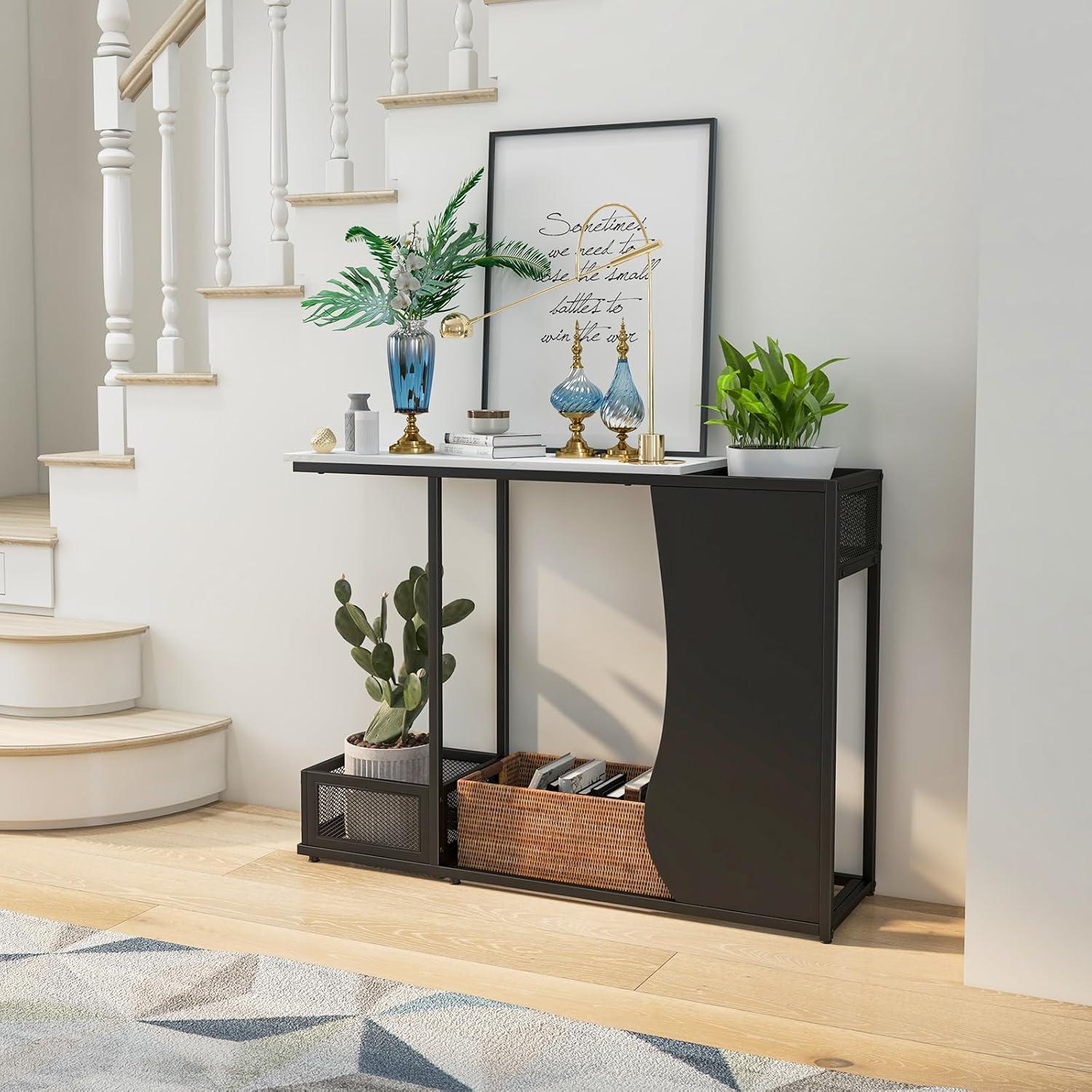 image:imageGiantex 435 Console Table for Entryway Modern Entry Table with Faux Marble Top 2 Mesh Storage Compartments Metal Frame Foyer Table Narrow Sofa Table for Living Room Hallway White Black