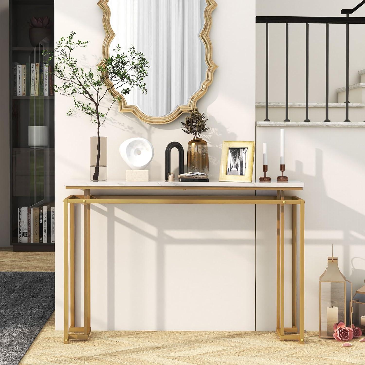 image:imageGiantex 47 Entryway Console Table Modern Hallway Table wGold Metal Frame amp Antitoppling Kit Faux Marble Top Long Sofa Side Table Narrow Entryway Table for Living Room Foyer Entry Table
