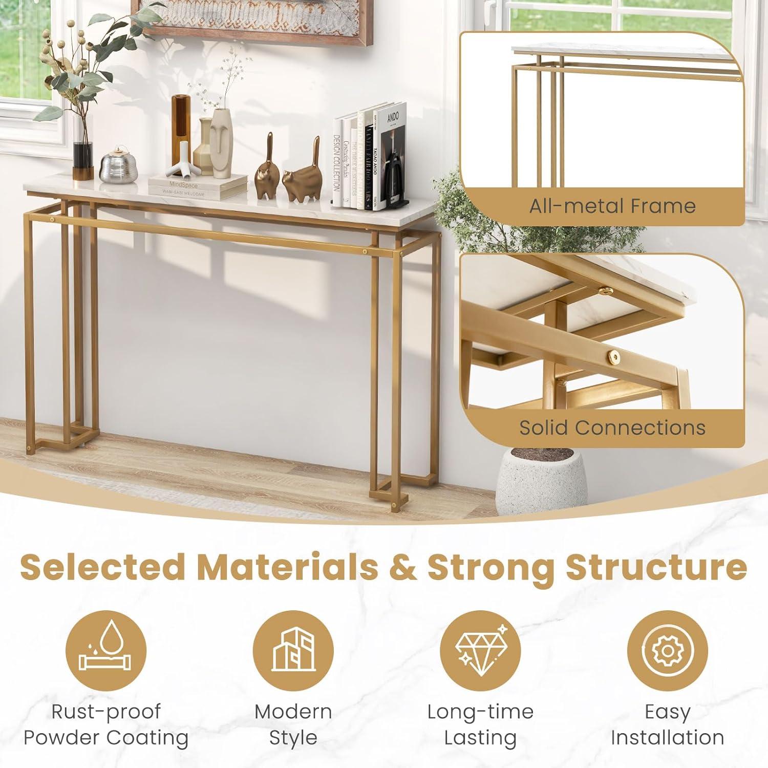 image:imageGiantex 47 Entryway Console Table Modern Hallway Table wGold Metal Frame amp Antitoppling Kit Faux Marble Top Long Sofa Side Table Narrow Entryway Table for Living Room Foyer Entry Table