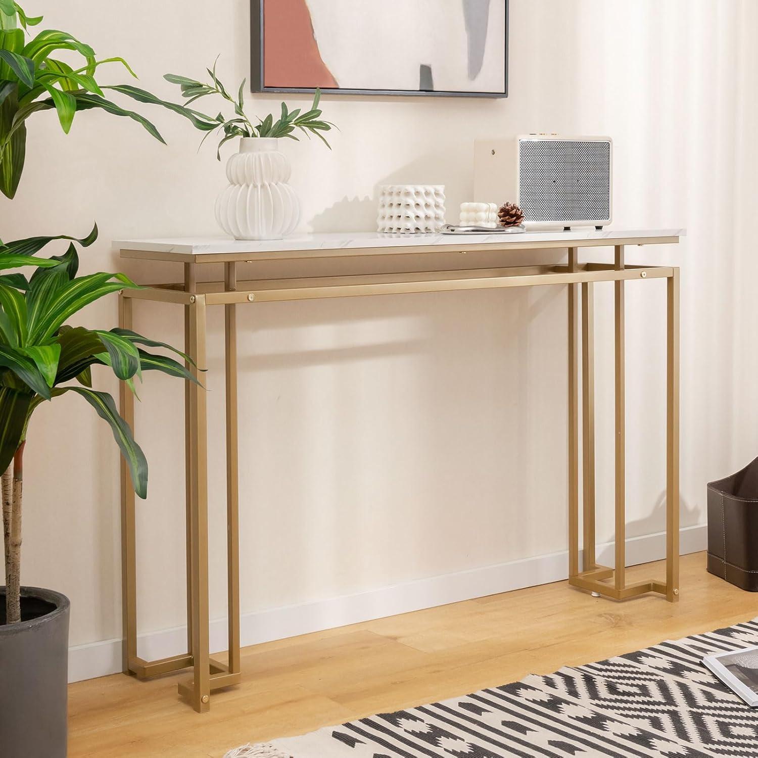 image:imageGiantex 47 Entryway Console Table Modern Hallway Table wGold Metal Frame amp Antitoppling Kit Faux Marble Top Long Sofa Side Table Narrow Entryway Table for Living Room Foyer Entry Table