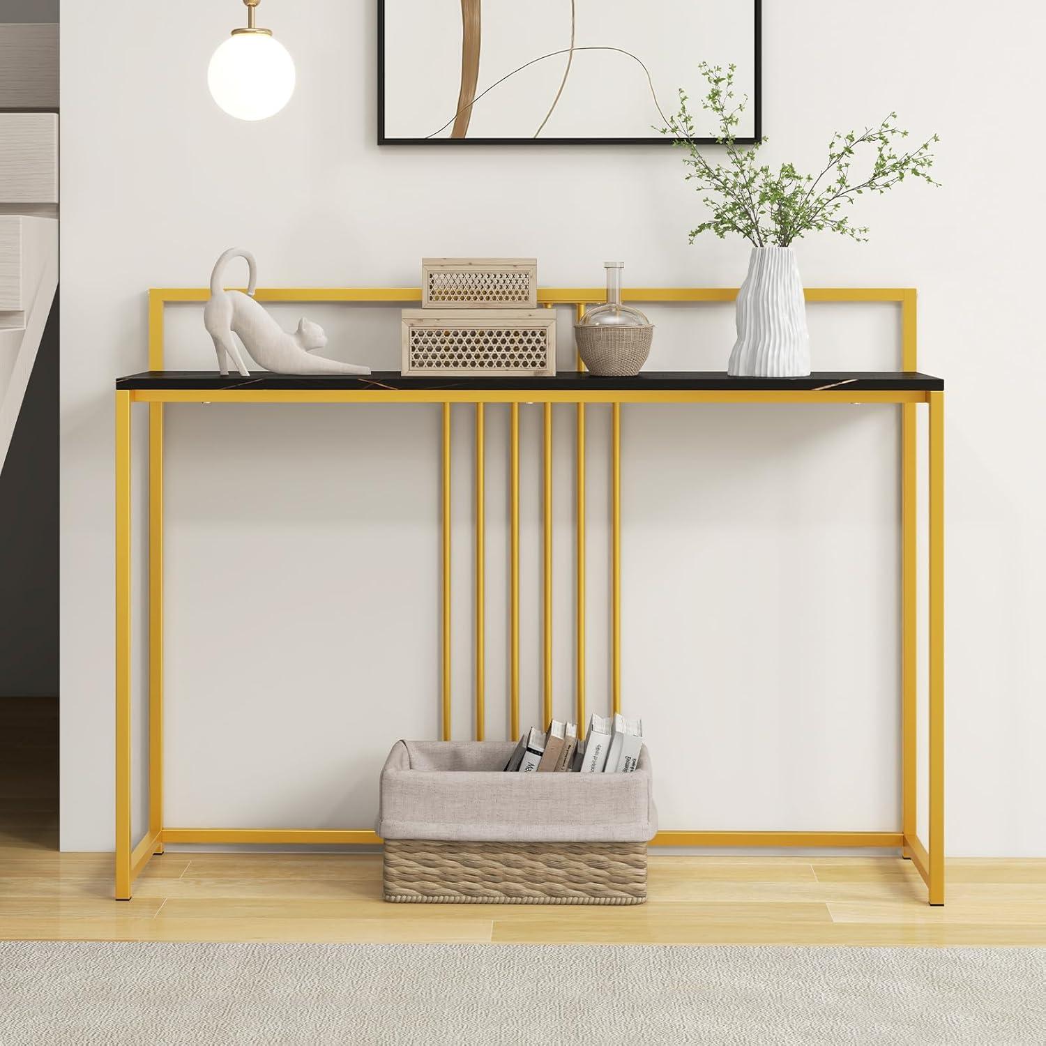 image:imageGiantex 47 Entryway Console Table Narrow Hallway Table wBlack Faux Marble Tabletop amp Sturdy Gold Frame AntiTipping Kits Modern Foyer Table Behind Couch Sofa Table for Living Room Entry Table