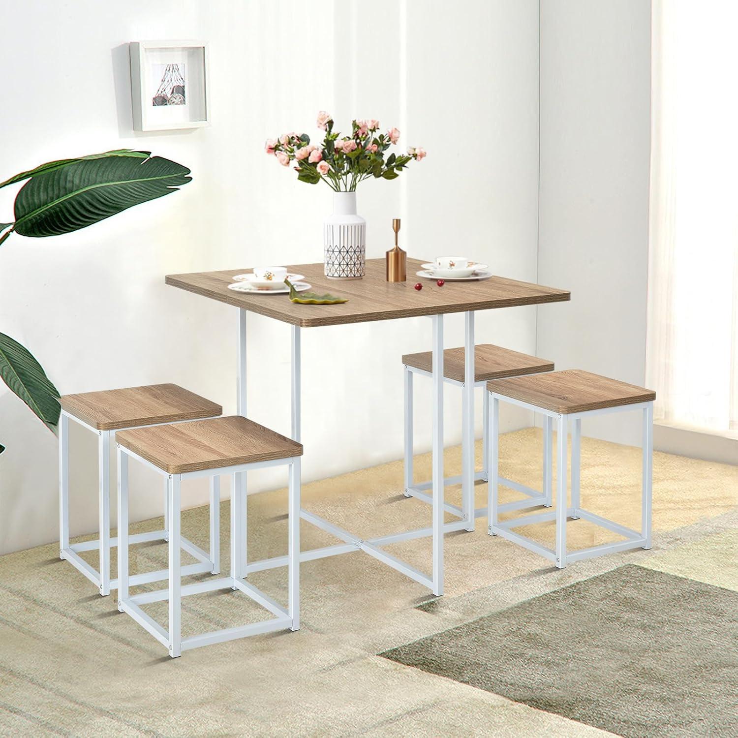 image:imageGiantex 5 Piece Dining Table Set Dining Set for 4 with Square Stools Small Kitchen Table Set with Metal Frame Compact Design for Small Space Home Kitchen Bar Pub ApartmentBeige White