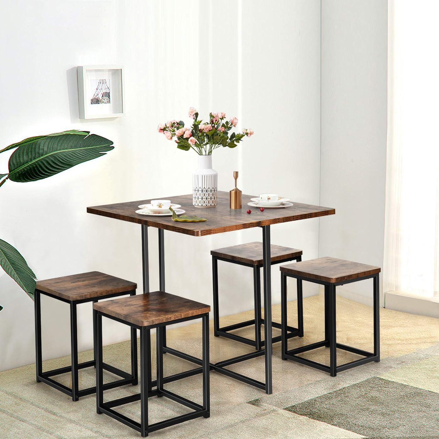 image:imageGiantex 5 Piece Dining Table Set Dining Set for 4 with Square Stools Small Kitchen Table Set with Metal Frame Compact Design for Small Space Home Kitchen Bar Pub ApartmentWalnut Black