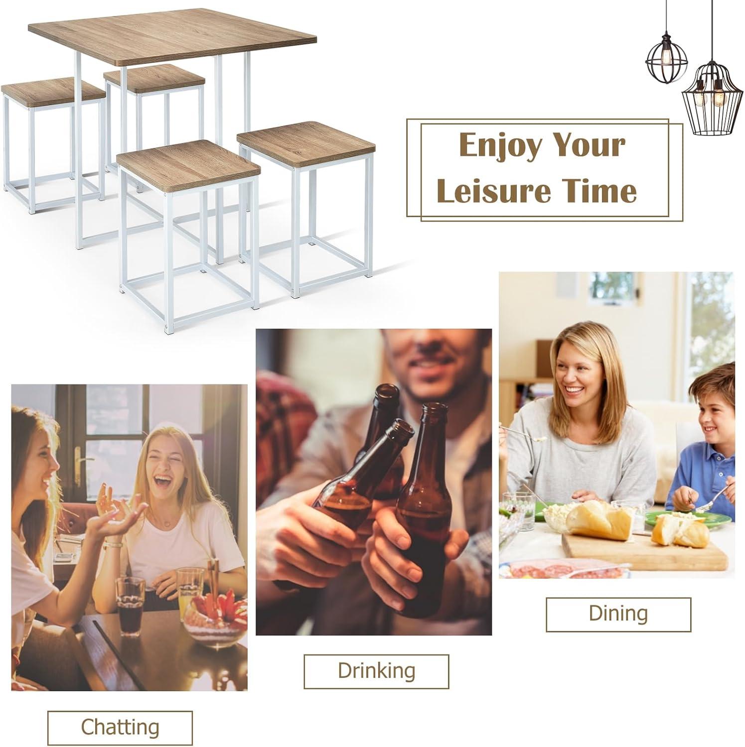 image:imageGiantex 5 Piece Dining Table Set Dining Set for 4 with Square Stools Small Kitchen Table Set with Metal Frame Compact Design for Small Space Home Kitchen Bar Pub ApartmentBeige White
