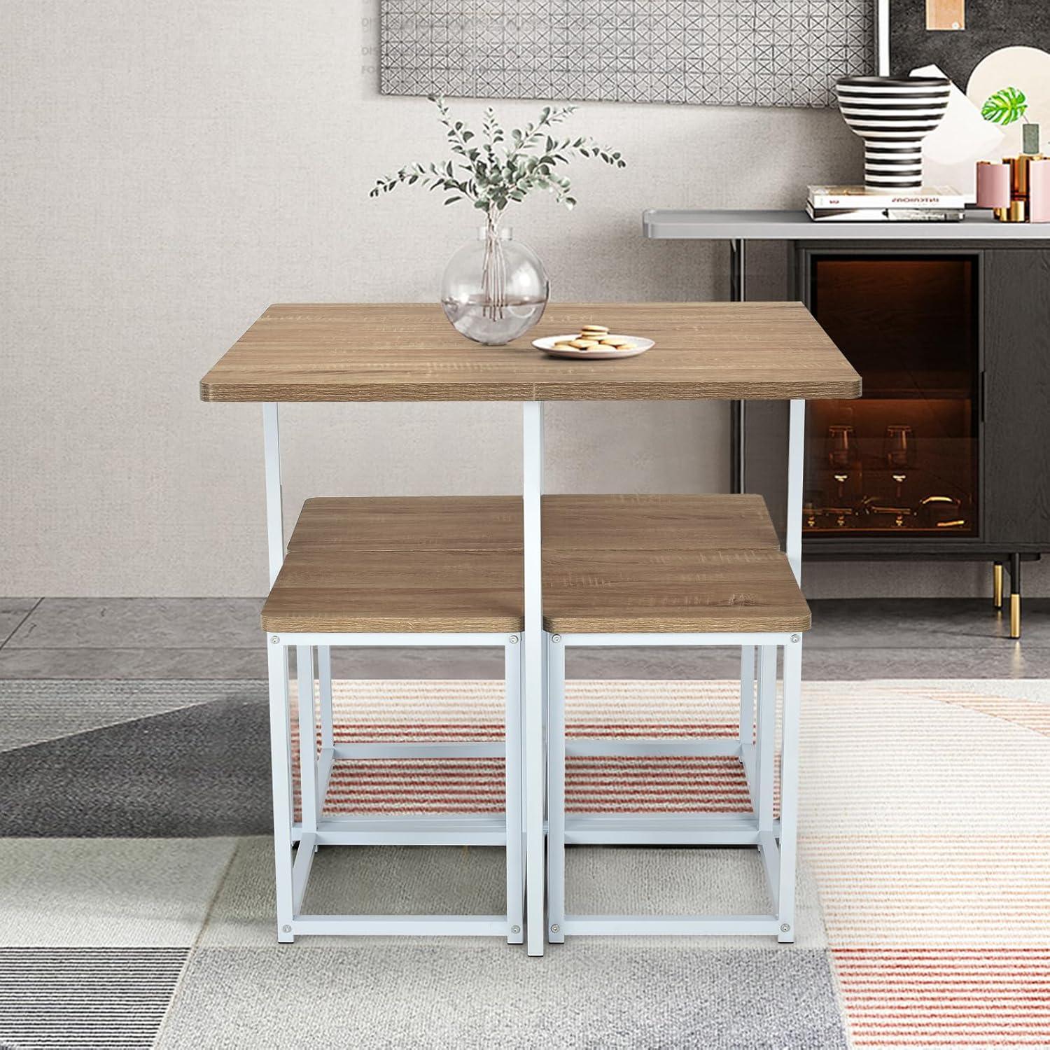 image:imageGiantex 5 Piece Dining Table Set Dining Set for 4 with Square Stools Small Kitchen Table Set with Metal Frame Compact Design for Small Space Home Kitchen Bar Pub ApartmentBeige White