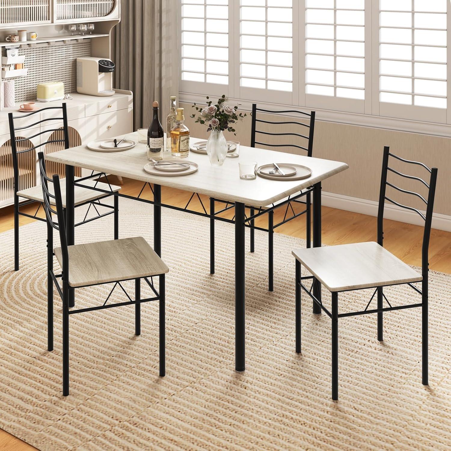 image:imageGiantex 5 Piece Dining Table Set Kitchen Dining Set with Tempered Glass Table Top and 4 Chairs Dinette Set for 4 for Breakfast Nook Dining Room Kitchen TransparentBeech