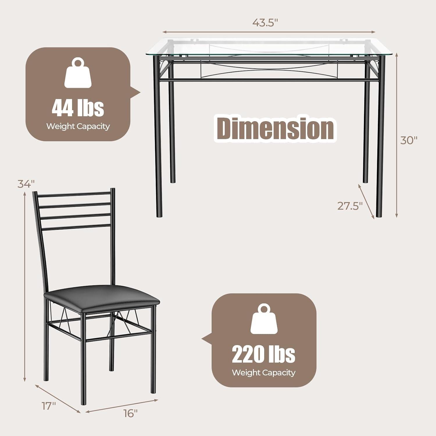 image:imageGiantex 5 Piece Dining Table Set Kitchen Dining Set with Tempered Glass Table Top and 4 Chairs Dinette Set for 4 for Breakfast Nook Dining Room Kitchen TransparentBlack