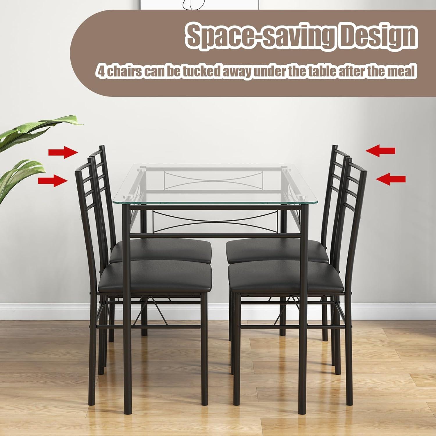 image:imageGiantex 5 Piece Dining Table Set Kitchen Dining Set with Tempered Glass Table Top and 4 Chairs Dinette Set for 4 for Breakfast Nook Dining Room Kitchen TransparentBlack