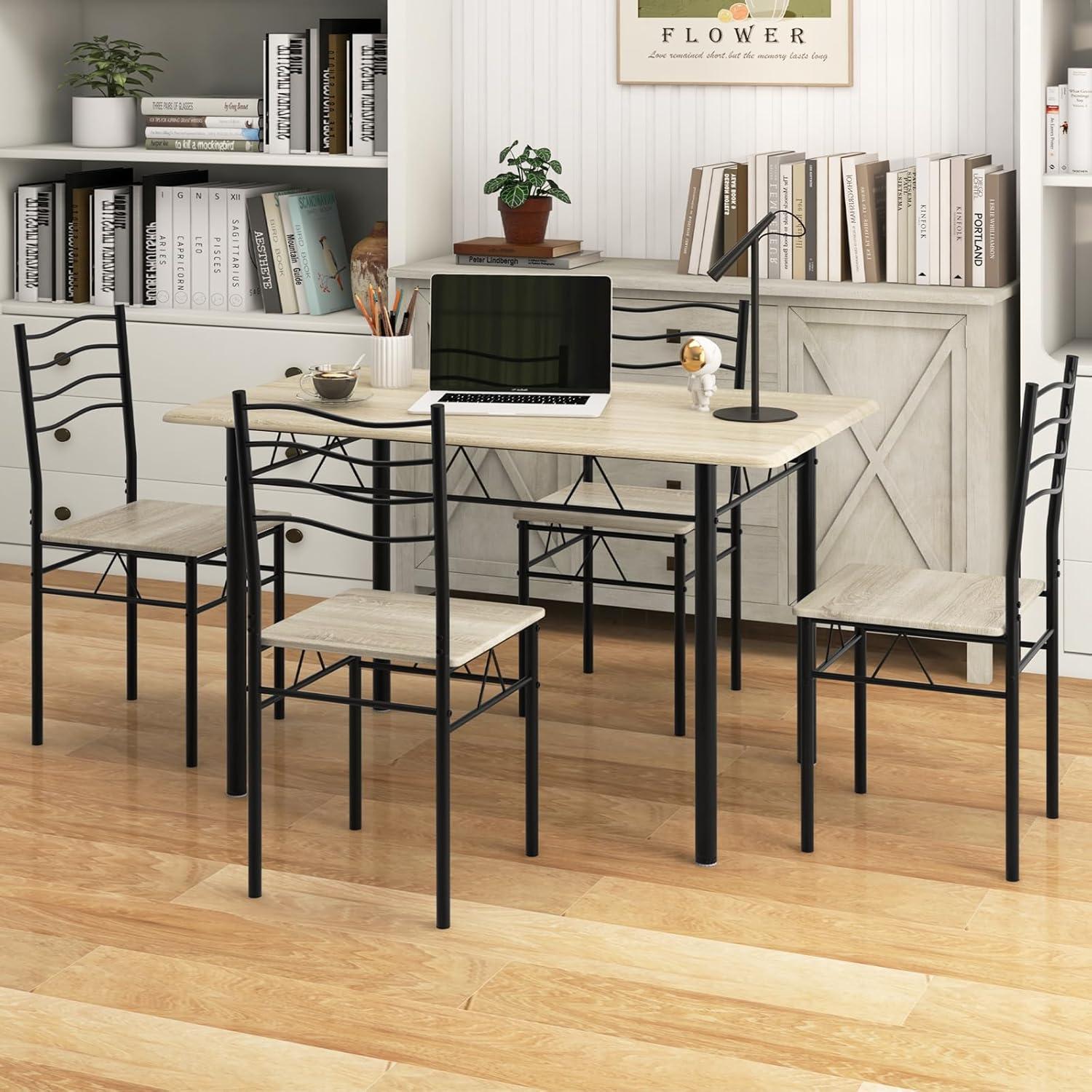 image:imageGiantex 5 Piece Dining Table Set Kitchen Dining Set with Tempered Glass Table Top and 4 Chairs Dinette Set for 4 for Breakfast Nook Dining Room Kitchen TransparentBeech
