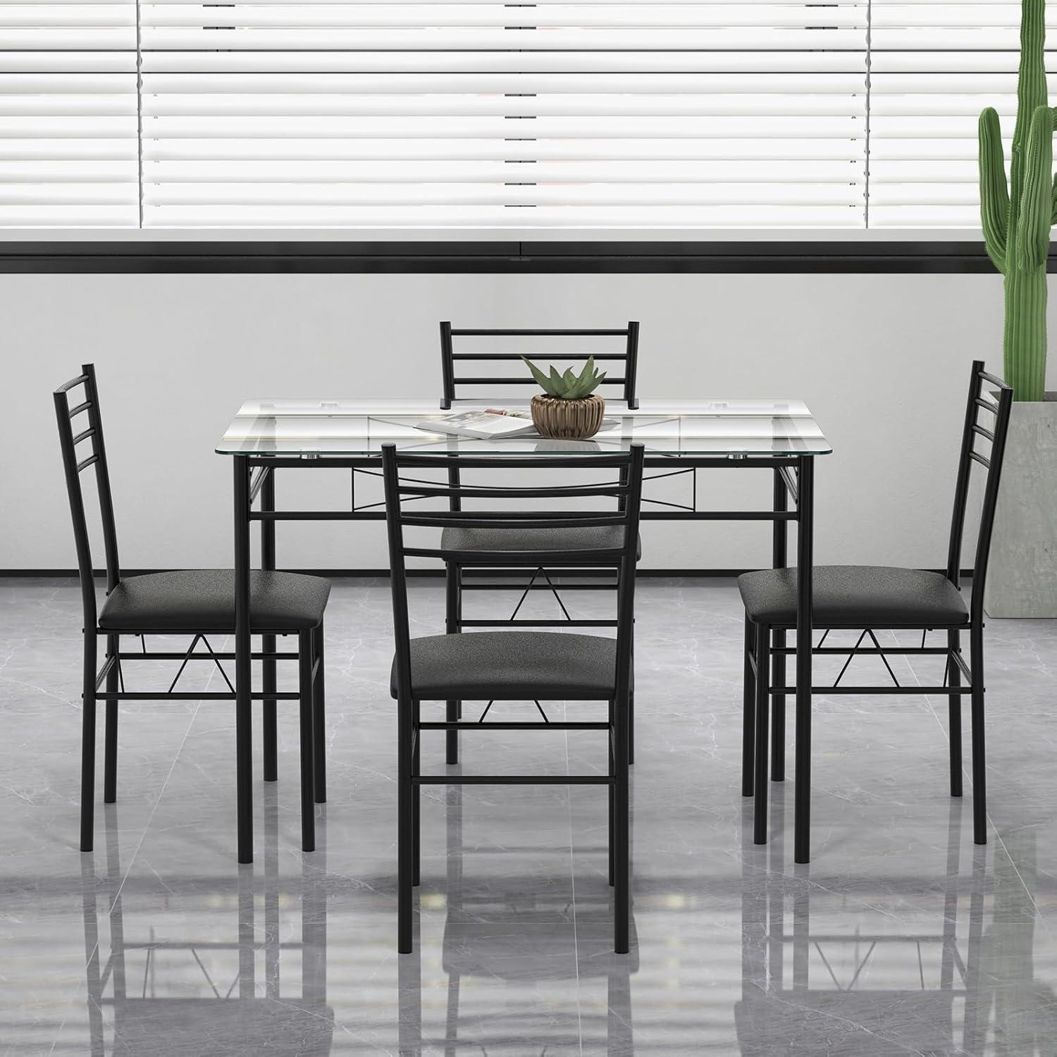 image:imageGiantex 5 Piece Dining Table Set Kitchen Dining Set with Tempered Glass Table Top and 4 Chairs Dinette Set for 4 for Breakfast Nook Dining Room Kitchen TransparentBlack
