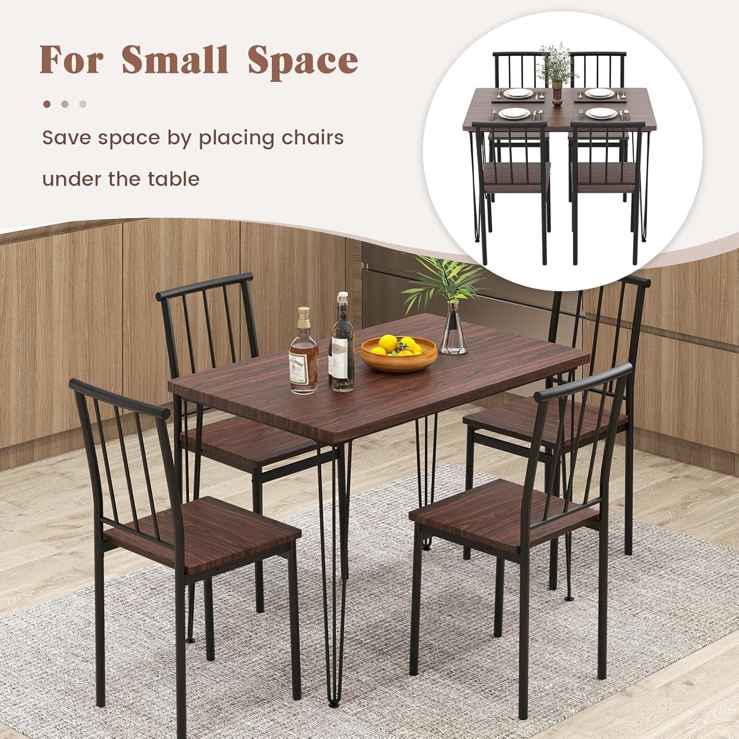 image:imageGiantex 5Piece Dining Table Set MidCentury Kitchen Table Set for 4 Wooden Table amp 4 Chairs with Metal Frame SpaceSaving Dinette Set for Small Place Kitchen Dining Room Cherry Brown