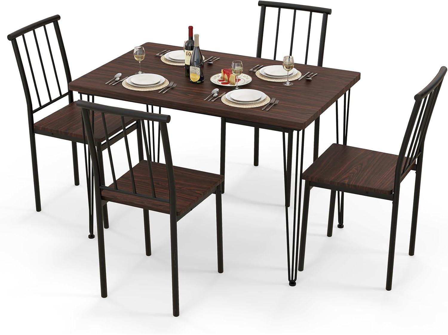 image:imageGiantex 5Piece Dining Table Set MidCentury Kitchen Table Set for 4 Wooden Table amp 4 Chairs with Metal Frame SpaceSaving Dinette Set for Small Place Kitchen Dining Room Cherry Brown